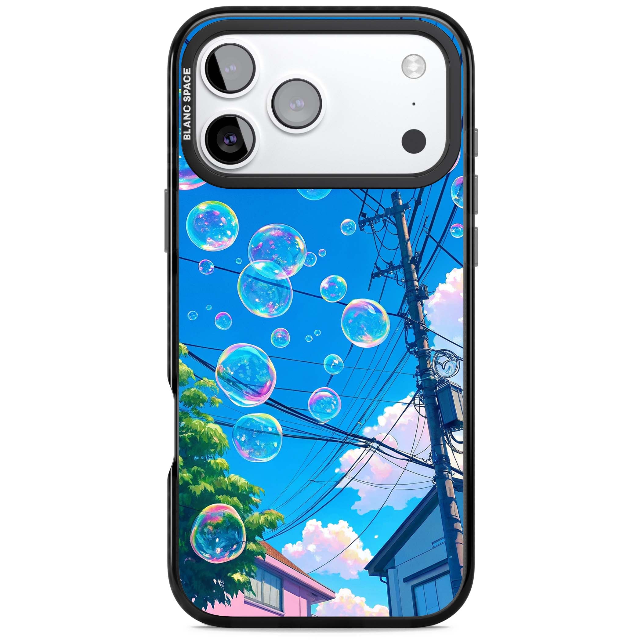 Suburban Bubbles anime iPhone case featuring iridescent soap bubbles, blue sky and Japanese telephone wires | Black Impact Magsafe case for iPhone 17 Pro, iPhone 17 Pro Max