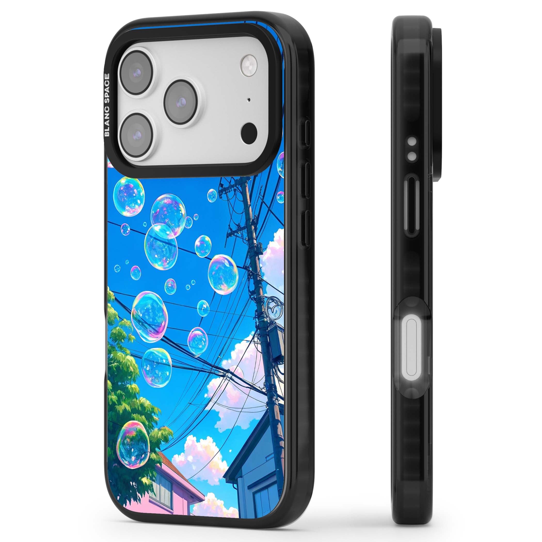 Suburban Bubbles anime iPhone case featuring iridescent soap bubbles, blue sky and Japanese telephone wires | Black Impact Magsafe case for iPhone 17 Pro, iPhone 17 Pro Max