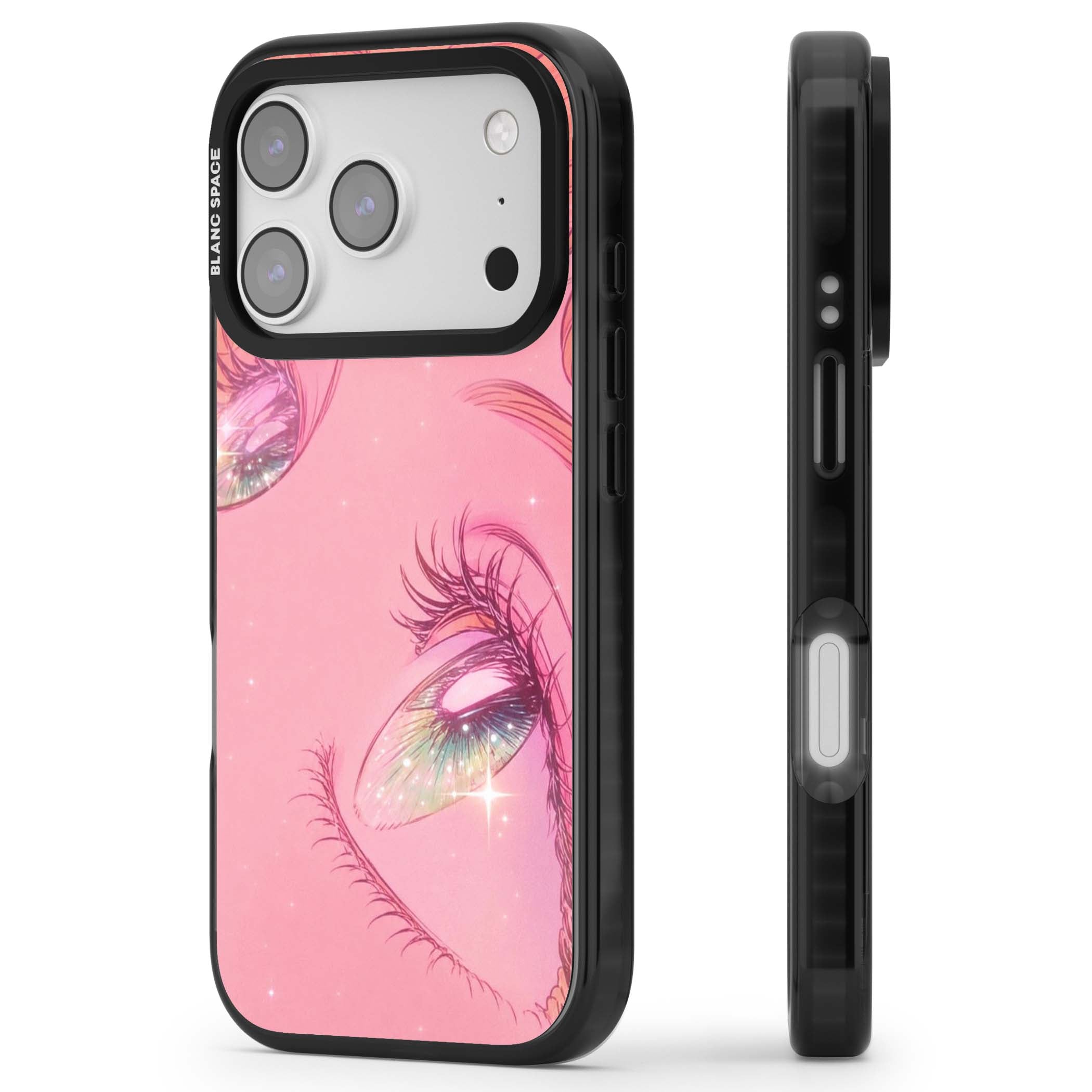 Pink Ethereal Gaze anime iPhone case featuring sparkling manga eyes, coral lashes and dreamy peach sky | Black Impact Magsafe case for iPhone 17 Pro, iPhone 17 Pro Max