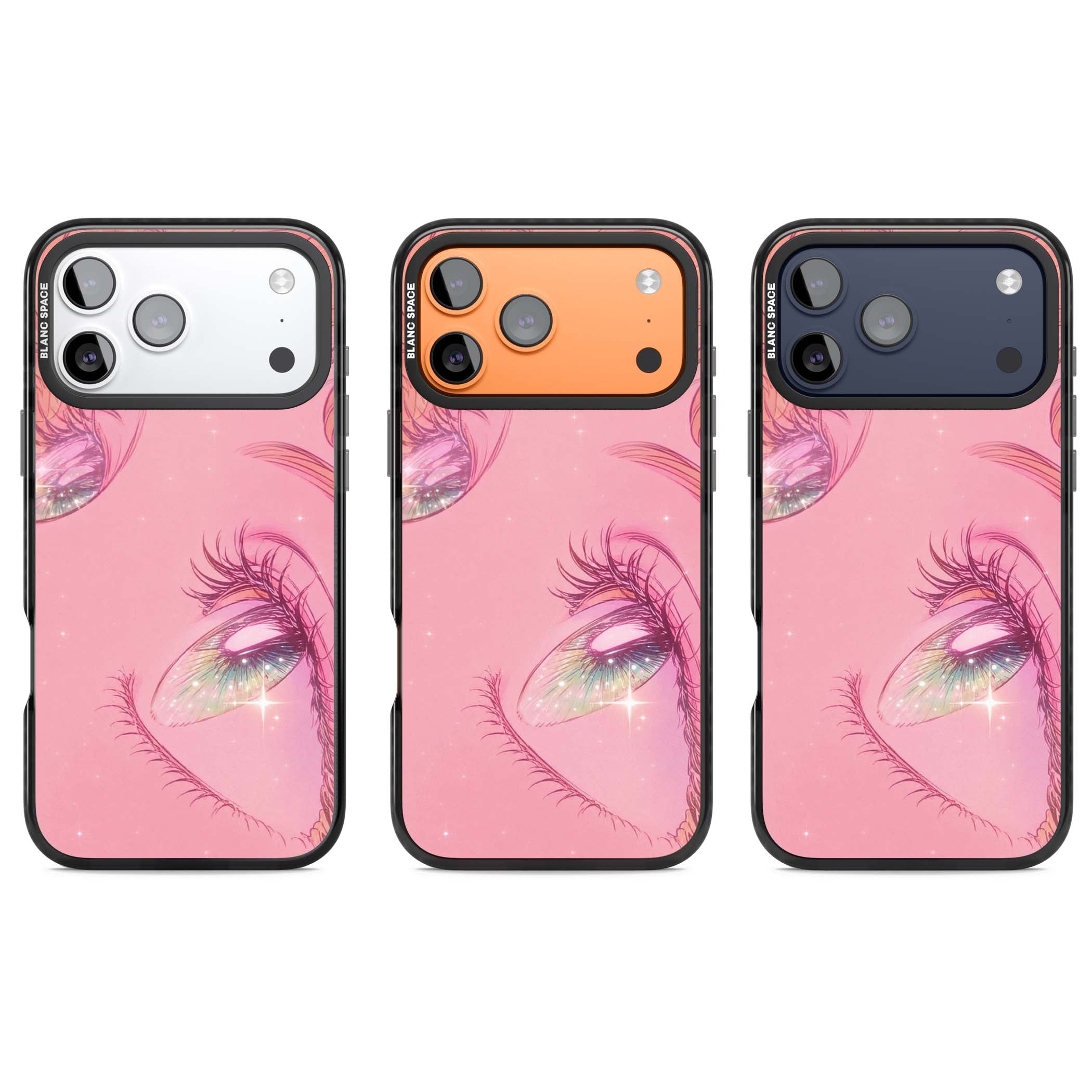 Pink Ethereal Gaze anime iPhone case featuring sparkling manga eyes, coral lashes and dreamy peach sky | Black Impact Magsafe case for iPhone 17 Pro, iPhone 17 Pro Max