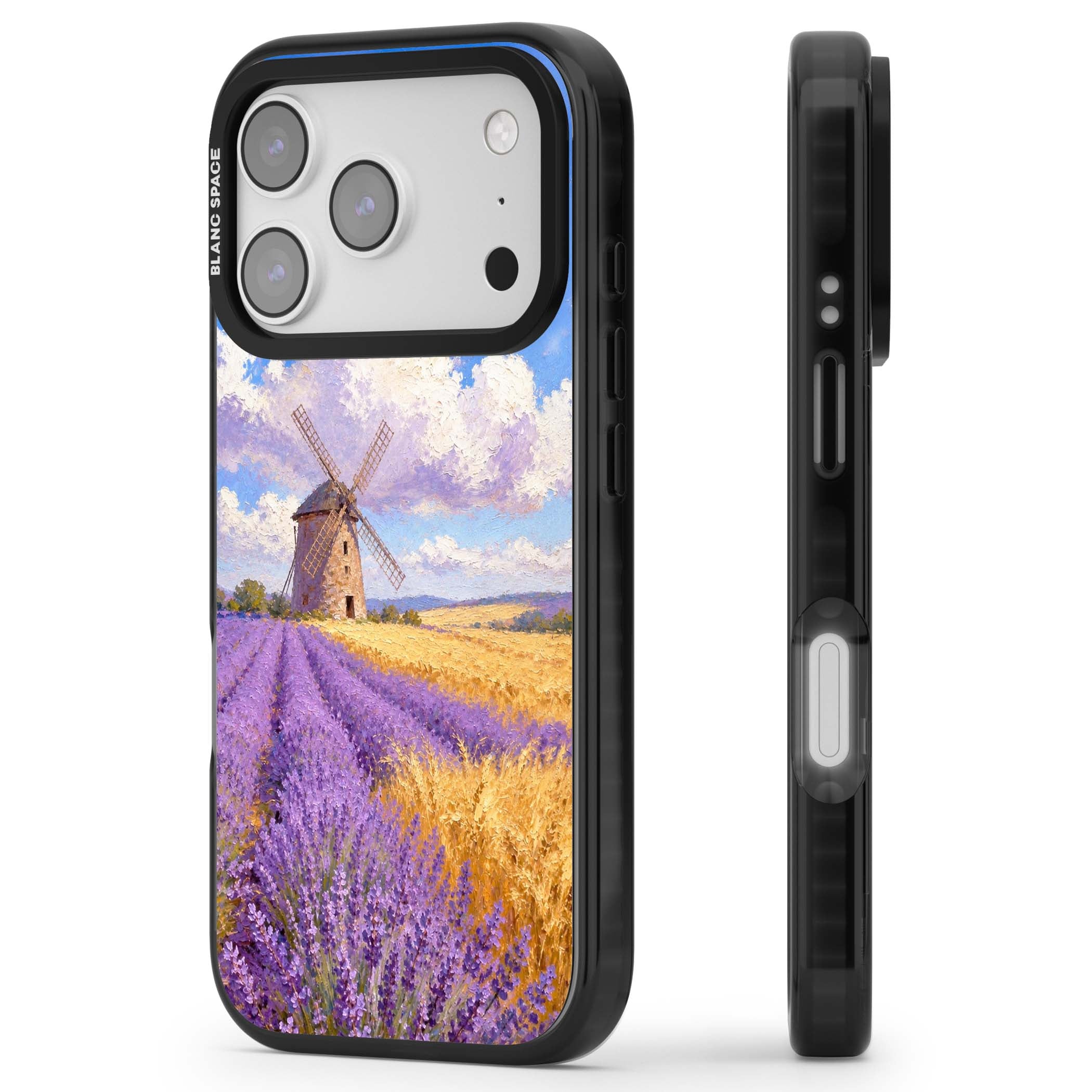 Lavender Mill cottagecore iPhone case featuring a French windmill, lavender field and golden wheat oil painting | Black Impact Magsafe case for iPhone 17 Pro, iPhone 17 Pro Max