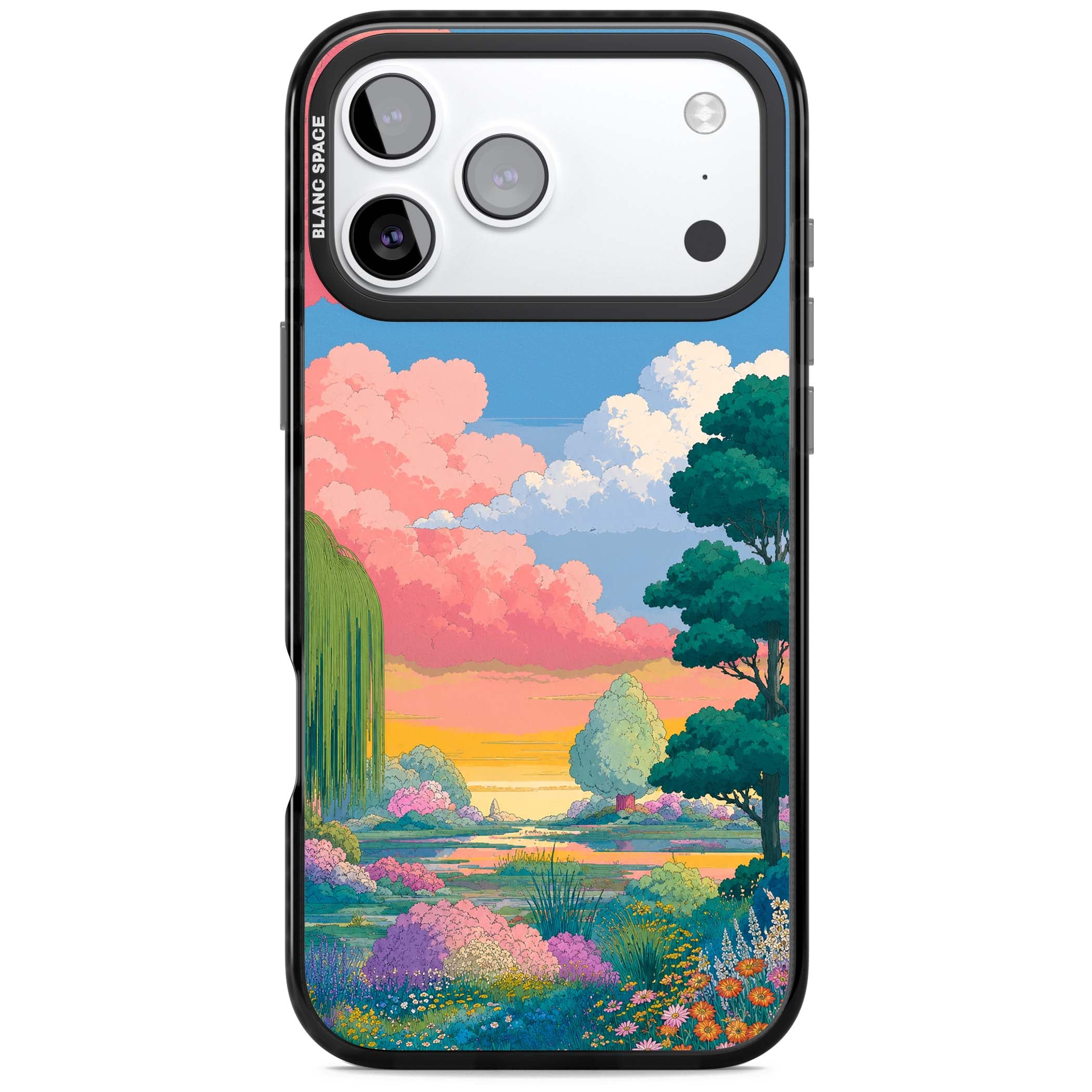 Dream Valley anime landscape iPhone case featuring pink sunset clouds, willow trees and wildflowers | Black Impact Magsafe case for iPhone 17 Pro, iPhone 17 Pro Max