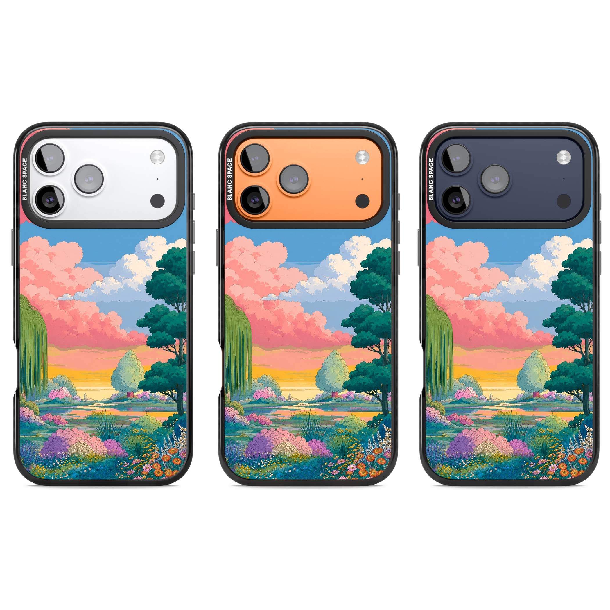 Dream Valley anime landscape iPhone case featuring pink sunset clouds, willow trees and wildflowers | Black Impact Magsafe case for iPhone 17 Pro, iPhone 17 Pro Max