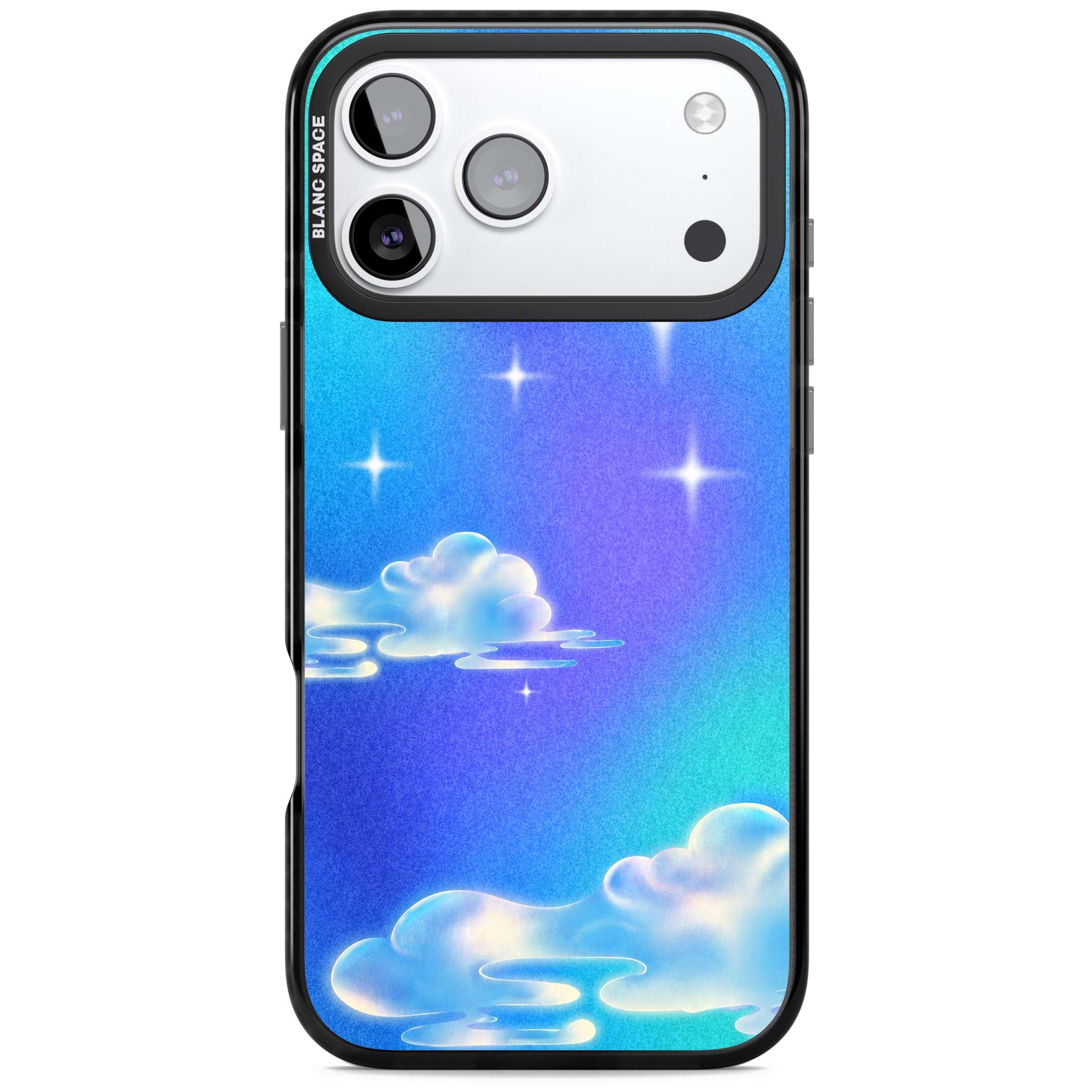 Aurora celestial iPhone case featuring dreamy iridescent clouds, sparkling stars and pastel blue purple sky | Black Impact Magsafe case for iPhone 17 Pro, iPhone 17 Pro Max