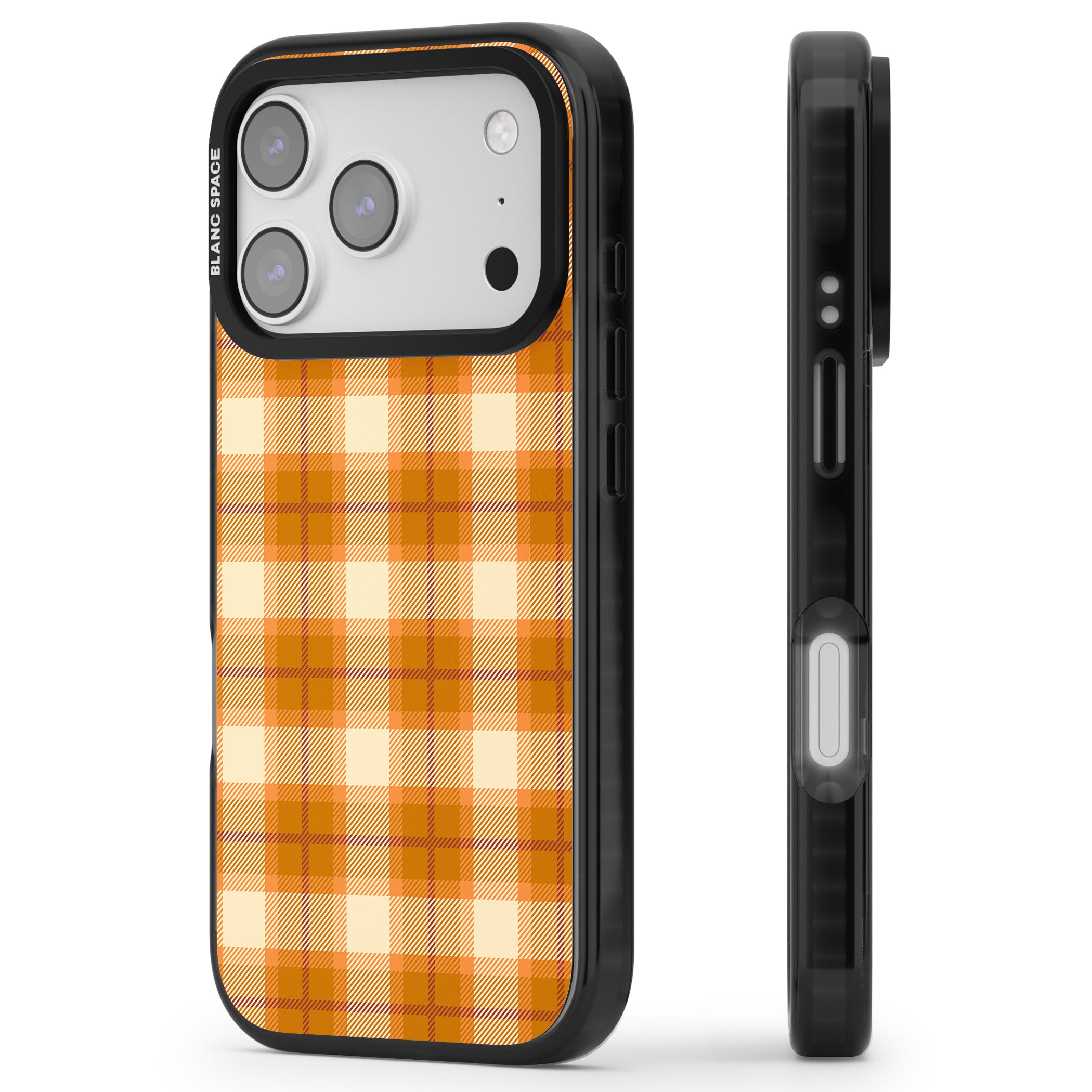 Pumpkin Plaid iPhone 17 Pro Impact Pro Black Phone Case Side Profile