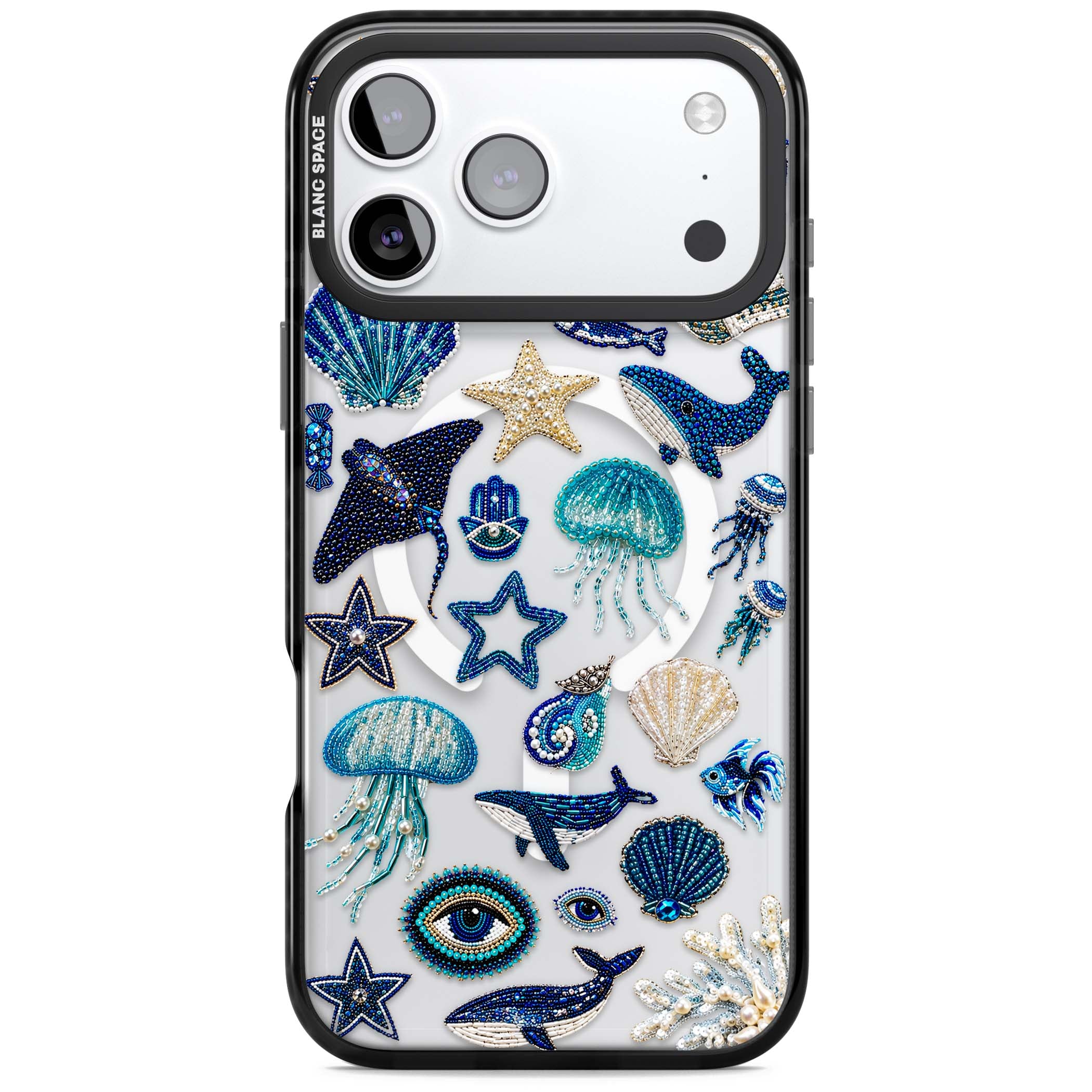 Beaded Coastal coastal iPhone case featuring embroidered seashells, jellyfish and a blue whale on clear | Black Impact Magsafe case for iPhone 17 Pro, iPhone 17 Pro Max