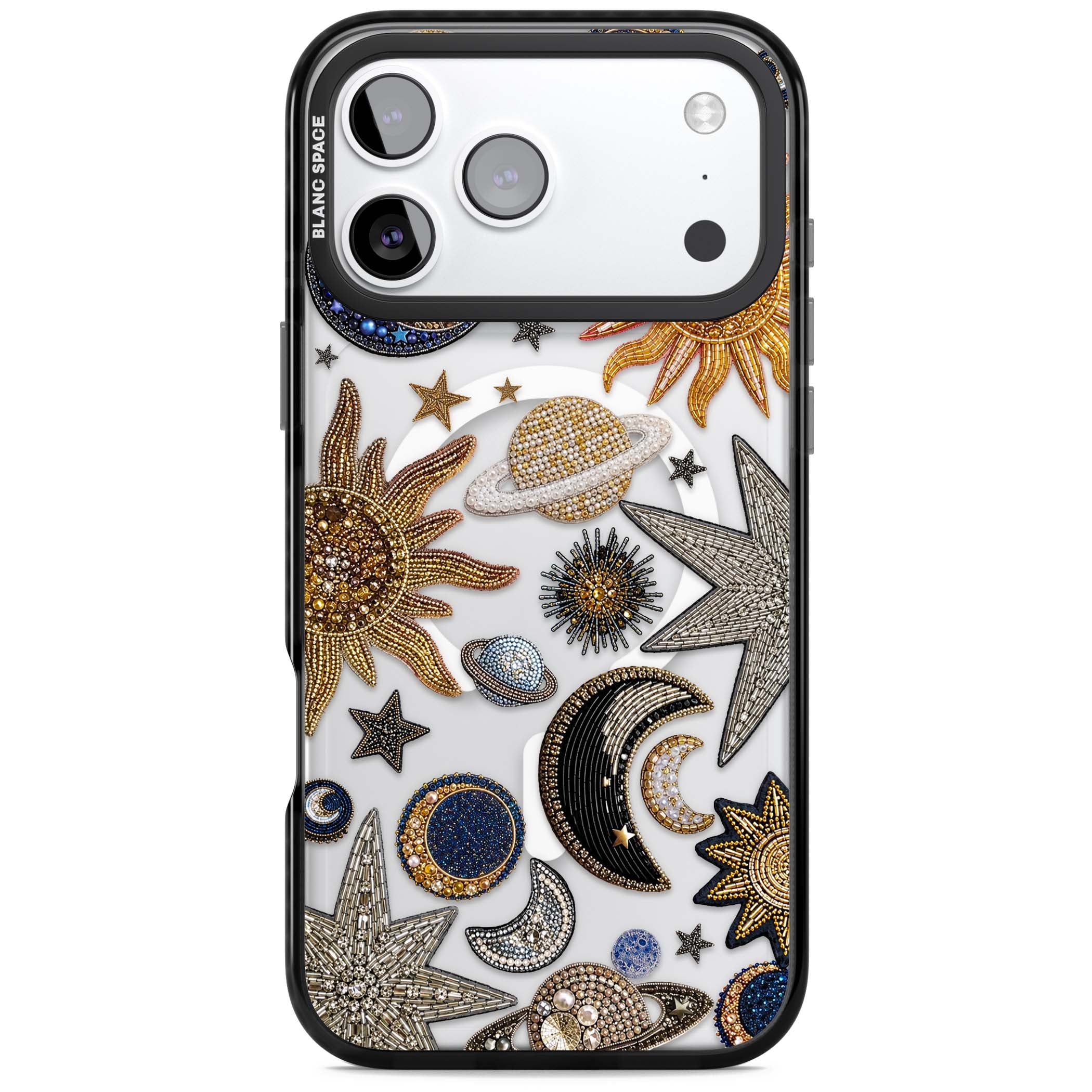 Beaded Cosmos celestial iPhone case featuring embroidered golden suns, beaded planets and silver shooting stars | Black Impact Magsafe case for iPhone 17 Pro, iPhone 17 Pro Max