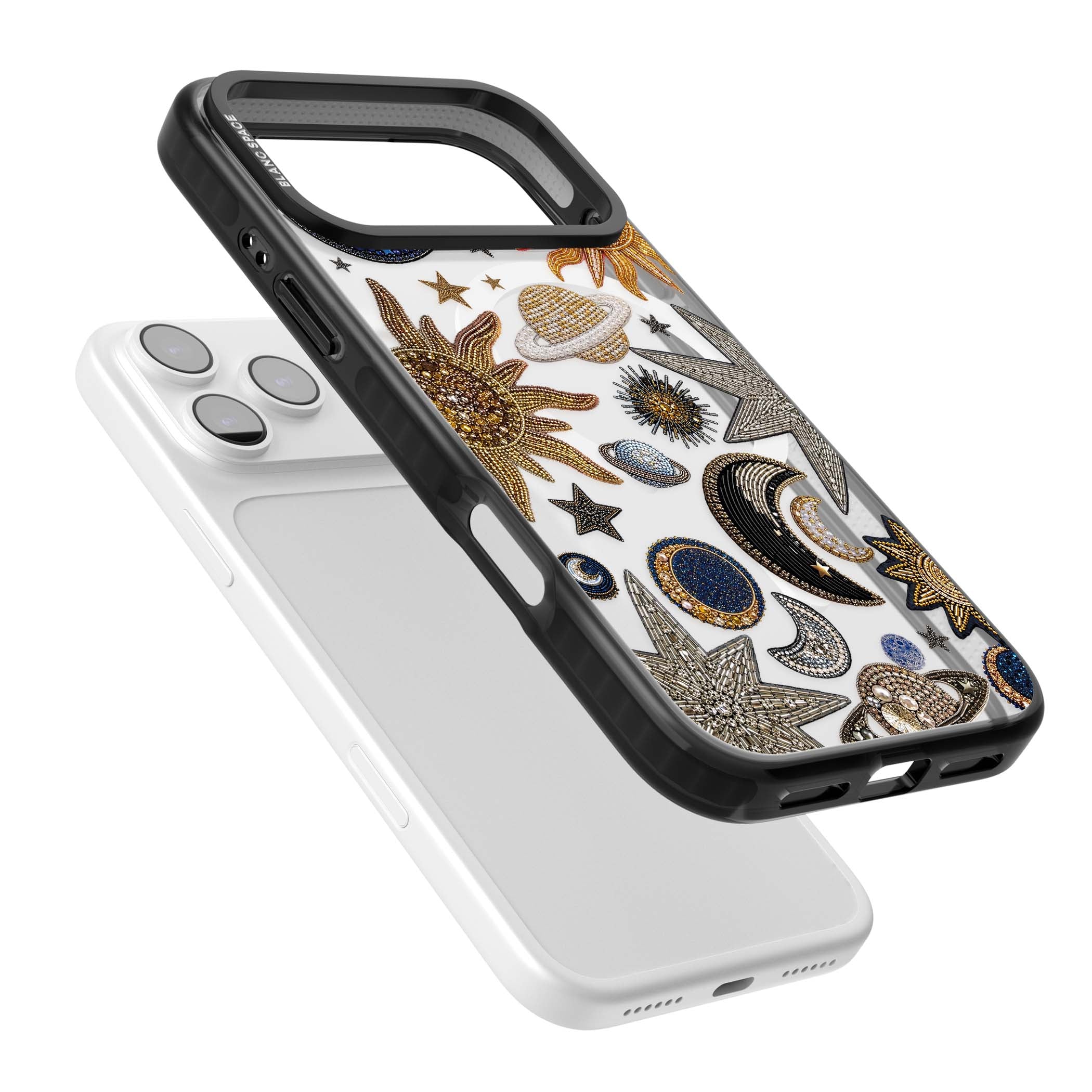 Beaded Cosmos celestial iPhone case featuring embroidered golden suns, beaded planets and silver shooting stars | Black Impact Magsafe case for iPhone 17 Pro, iPhone 17 Pro Max
