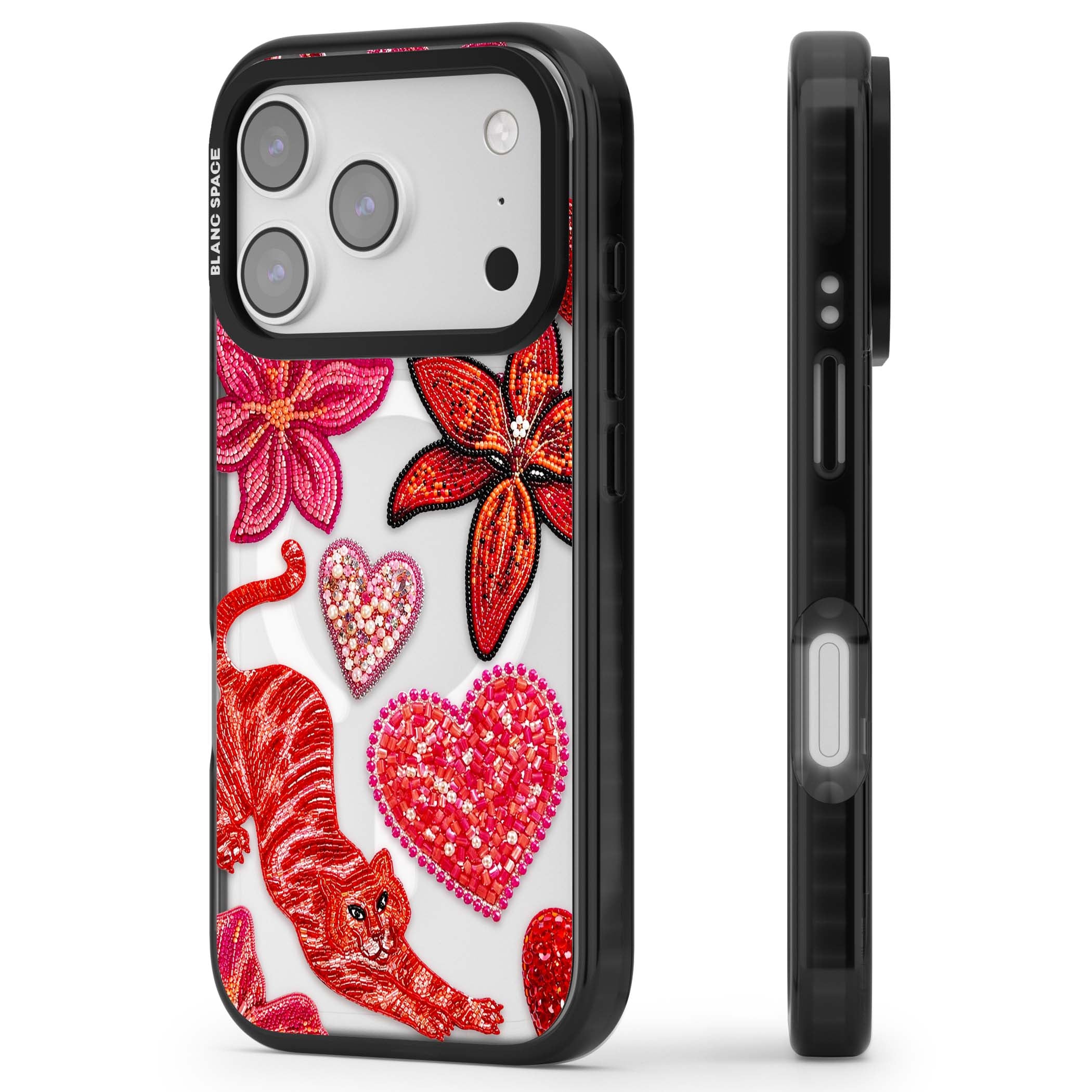 Beaded Boho floral iPhone case featuring beaded red lilies, a stitched tiger, and pearl-encrusted hearts on clear | Black Impact Magsafe case for iPhone 17 Pro, iPhone 17 Pro Max
