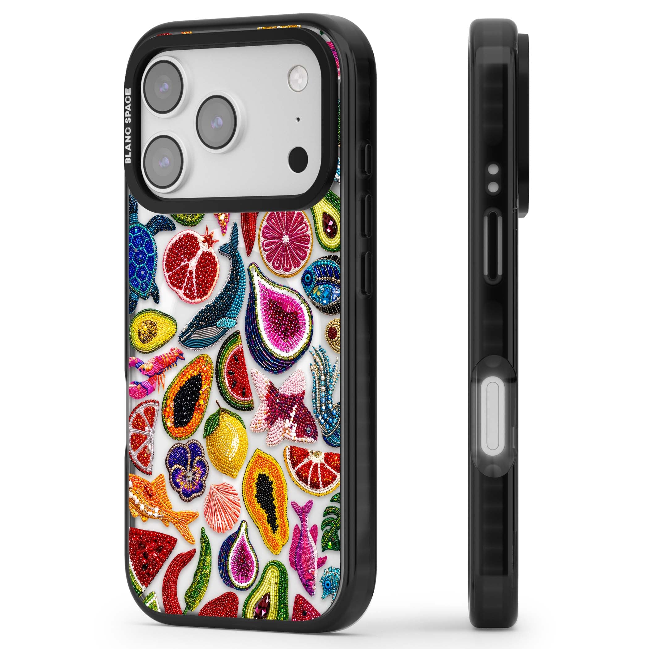 Beaded Tropic tropical iPhone case featuring beaded fruit, fish, crabs and seashells in vibrant colour | Black Impact Magsafe case for iPhone 17 Pro, iPhone 17 Pro Max
