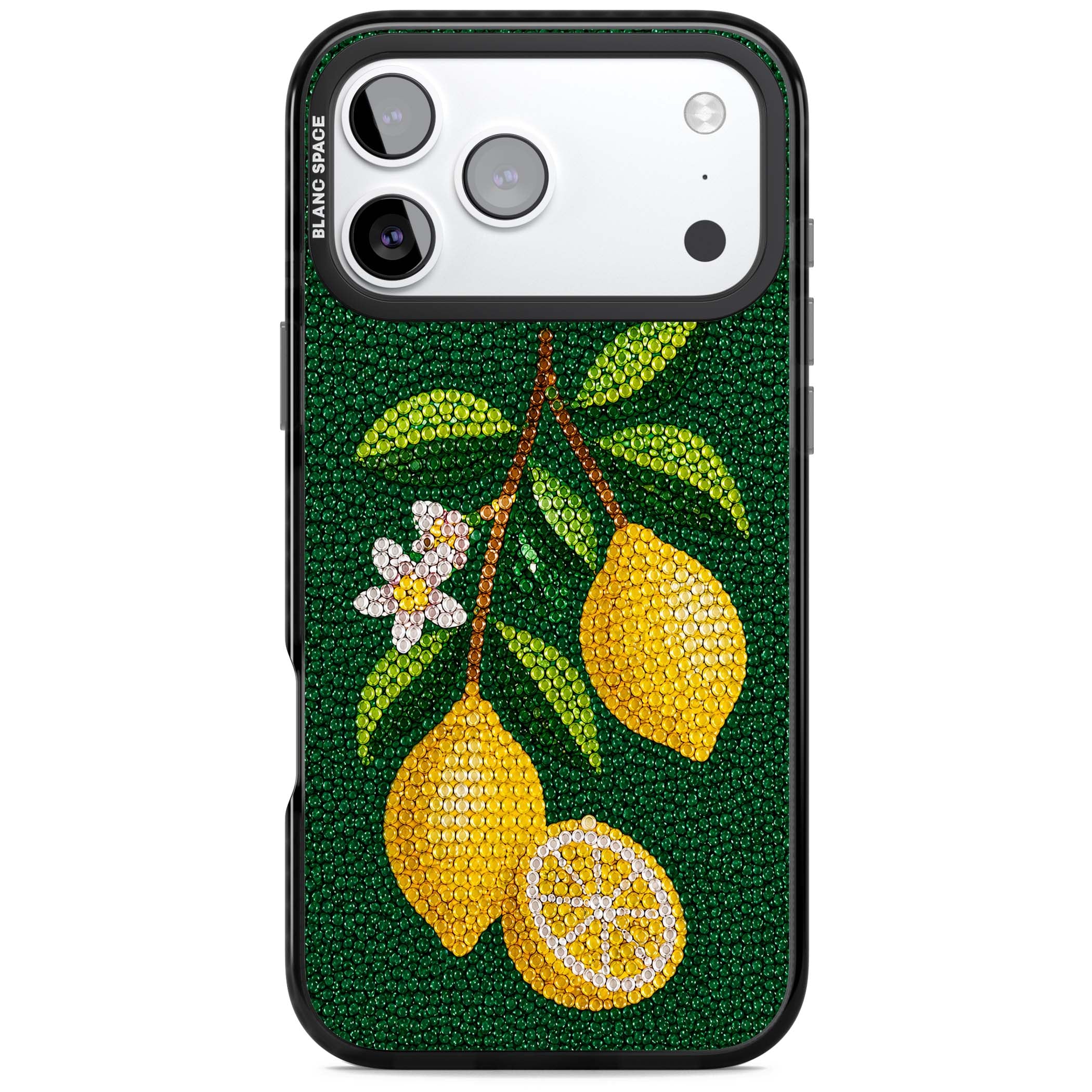 Beaded Lemons coastal iPhone case featuring crystal-beaded lemons, citrus blossom and green leaves on emerald ground | Black Impact Magsafe case for iPhone 17 Pro, iPhone 17 Pro Max