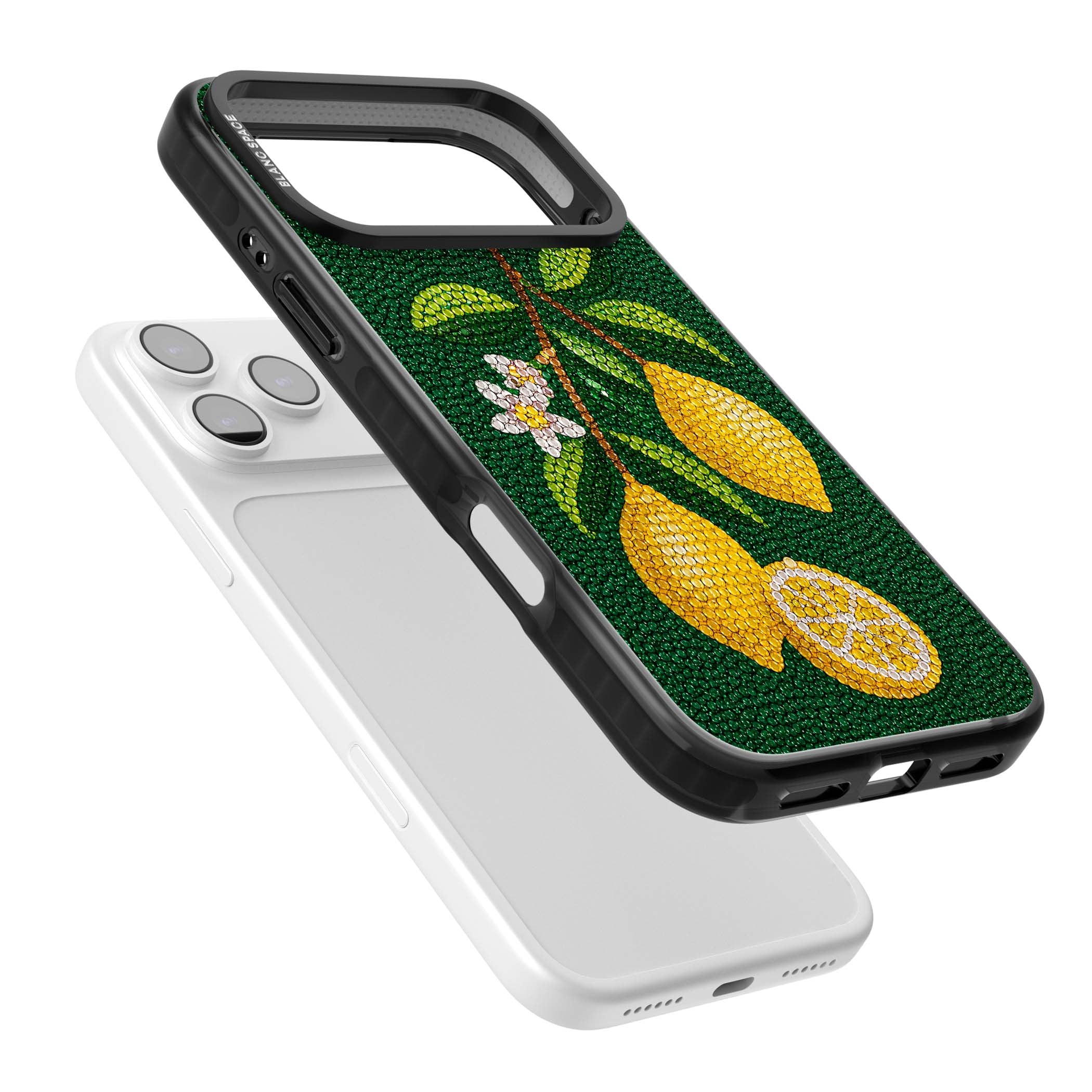 Beaded Lemons coastal iPhone case featuring crystal-beaded lemons, citrus blossom and green leaves on emerald ground | Black Impact Magsafe case for iPhone 17 Pro, iPhone 17 Pro Max