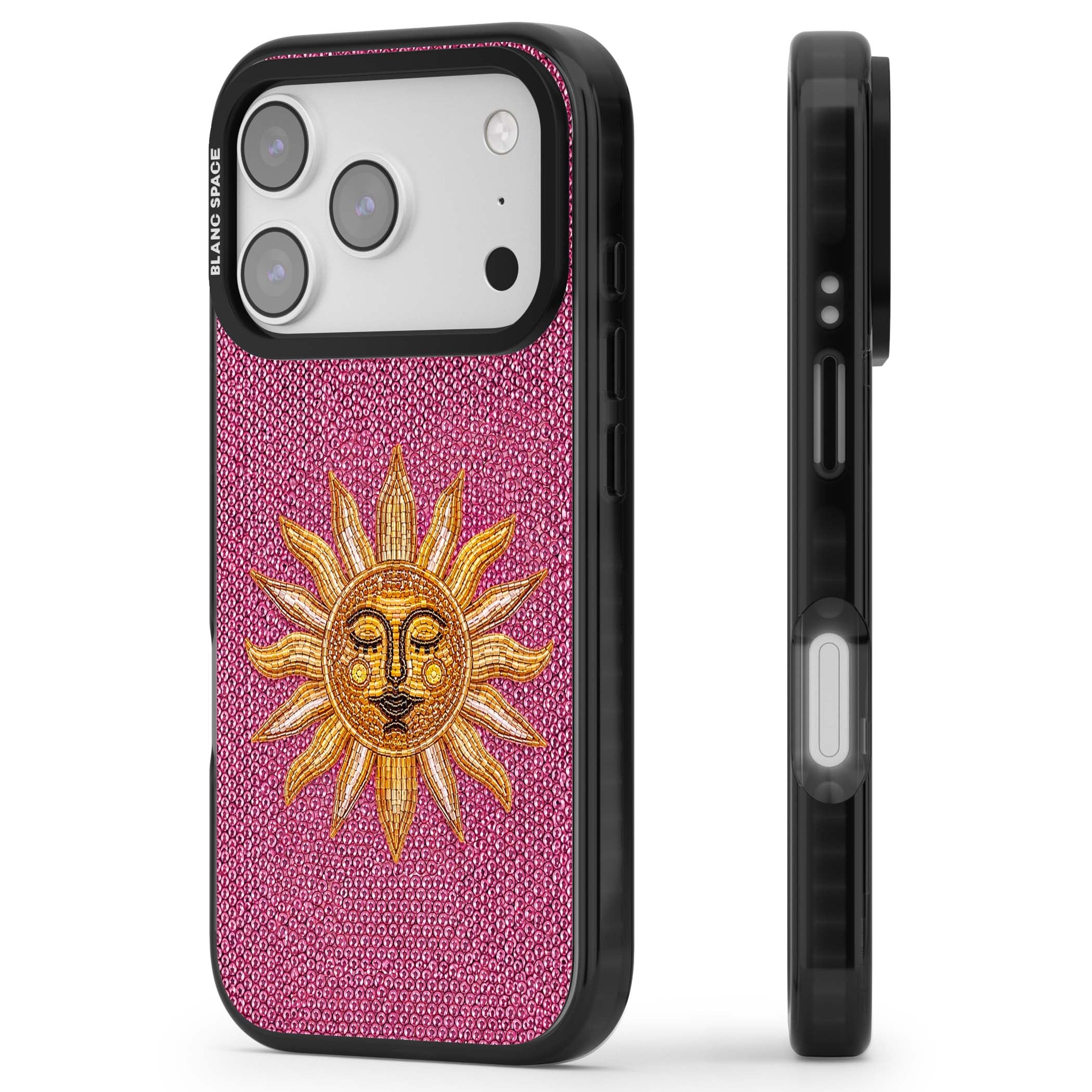 Beaded Sun celestial iPhone case featuring a golden beaded sun face with radiant rays on hot pink beaded background | Black Impact Magsafe case for iPhone 17 Pro, iPhone 17 Pro Max
