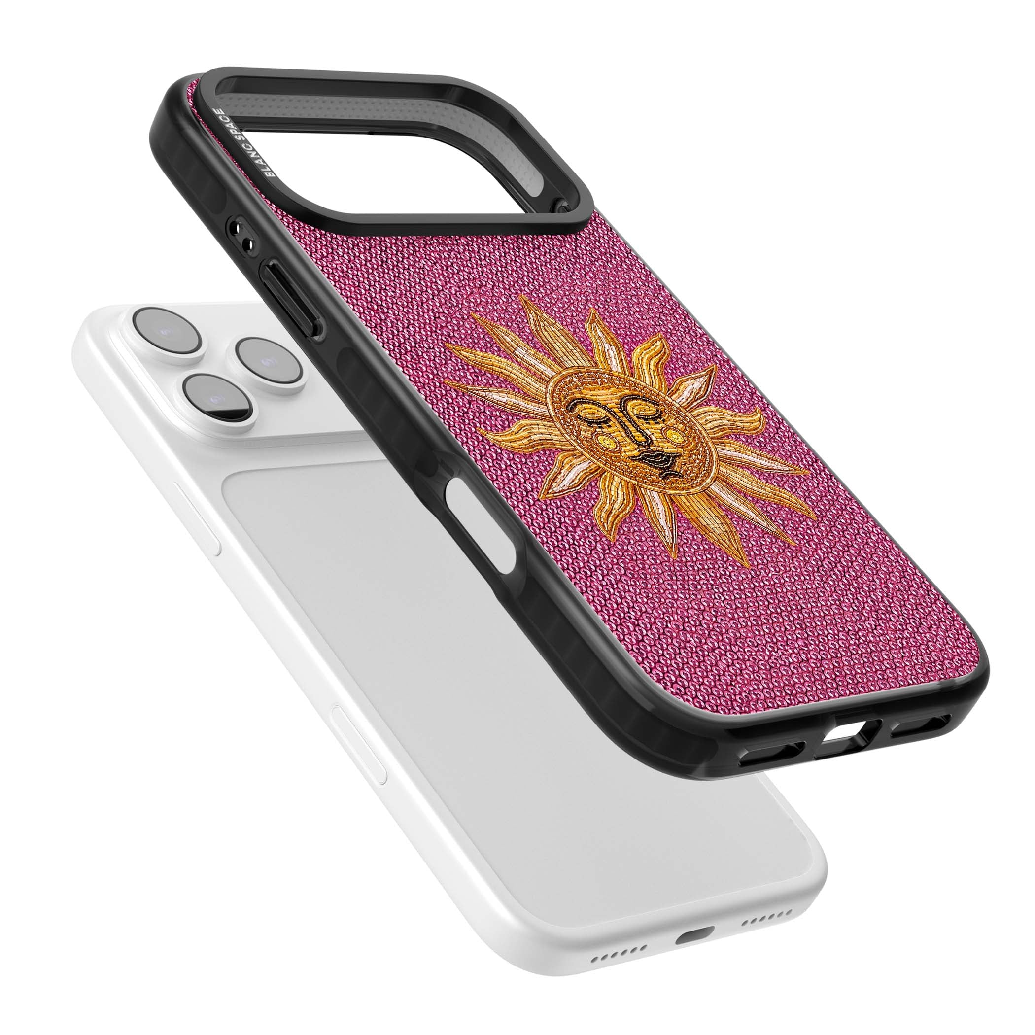 Beaded Sun celestial iPhone case featuring a golden beaded sun face with radiant rays on hot pink beaded background | Black Impact Magsafe case for iPhone 17 Pro, iPhone 17 Pro Max