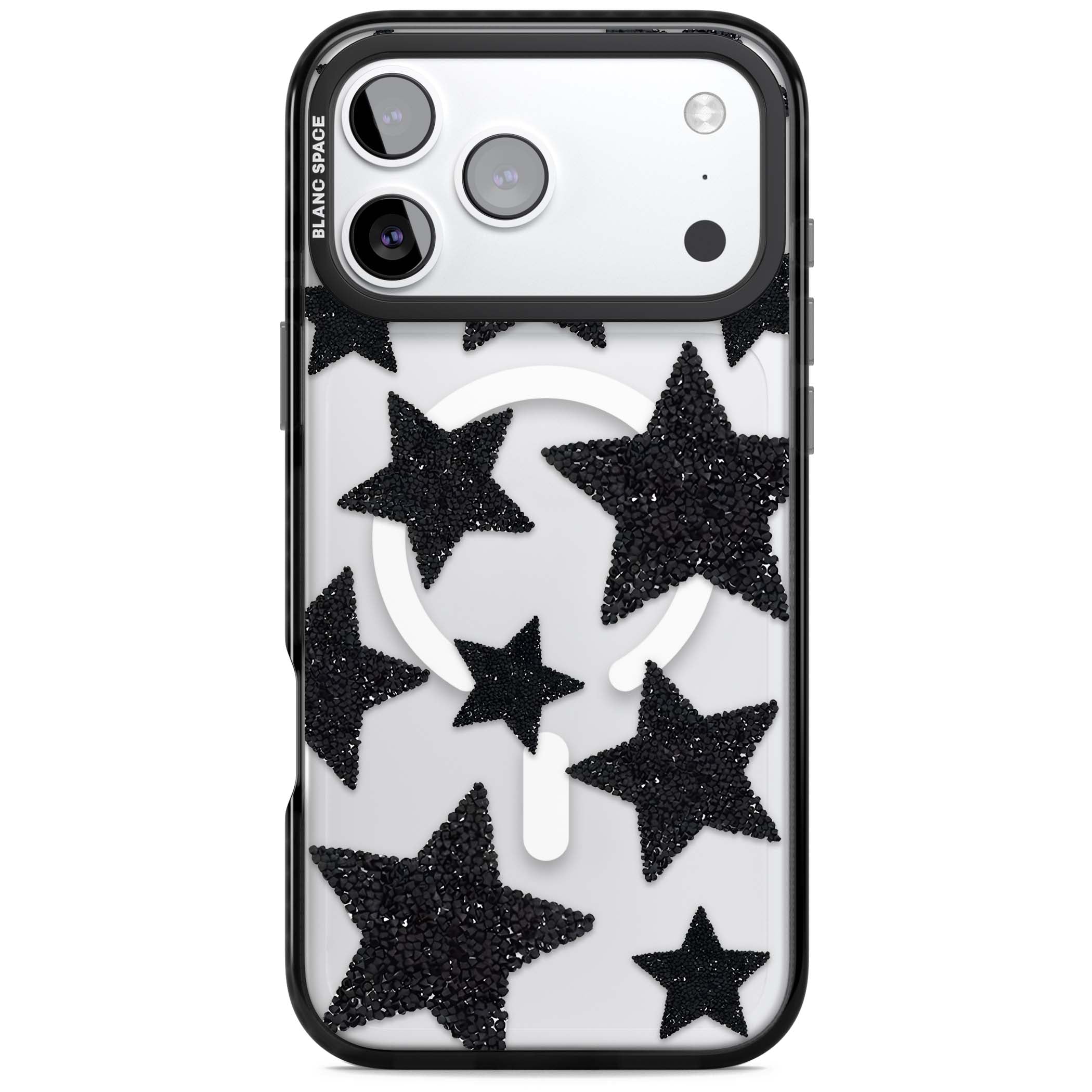 Beaded Black Stars celestial iPhone case featuring black glitter beaded stars scattered on a clear background | Black Impact Magsafe case for iPhone 17 Pro, iPhone 17 Pro Max