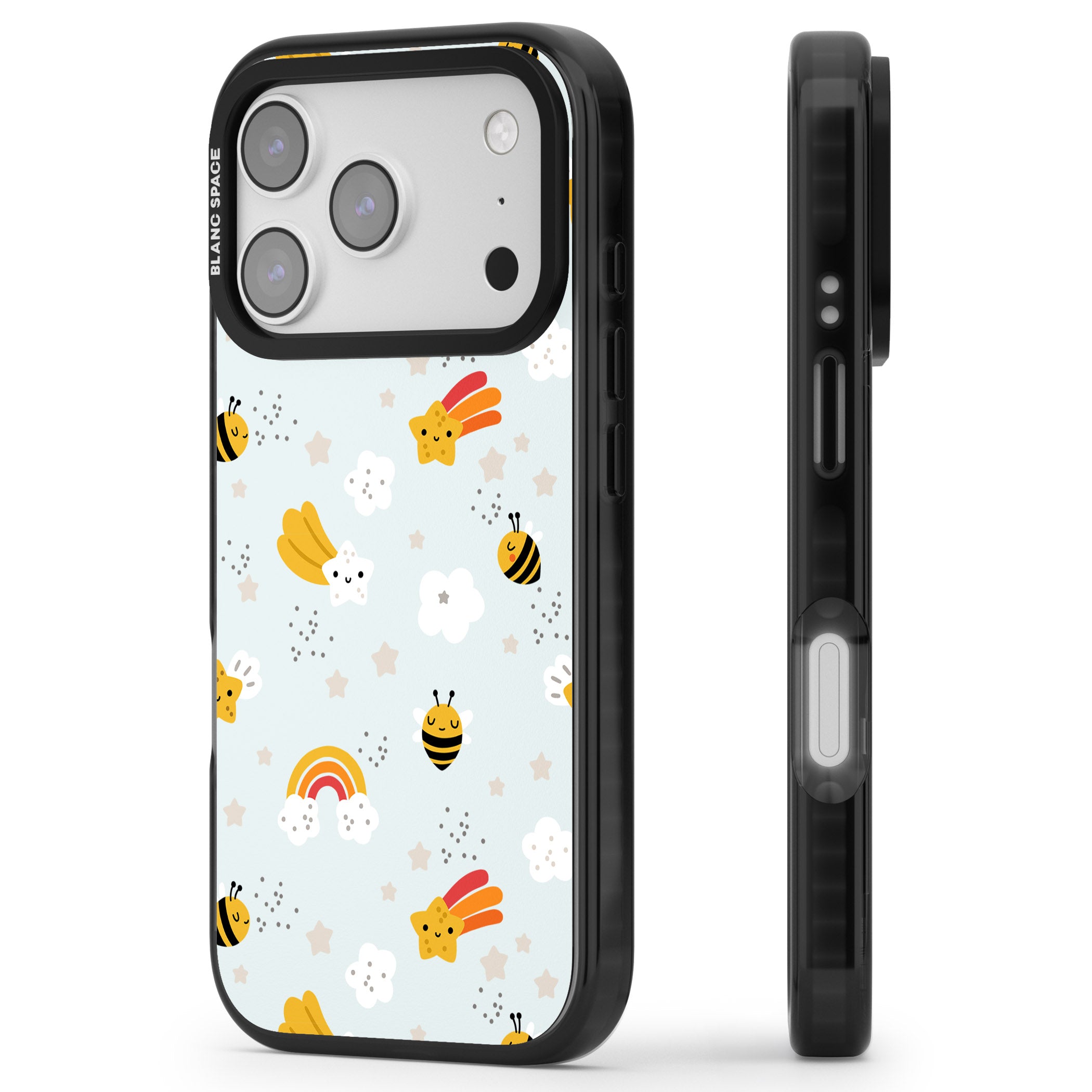Sweet As Honey Patterns: Bees & Rainbows iPhone 17 Pro Impact Pro Black Phone Case Side Profile