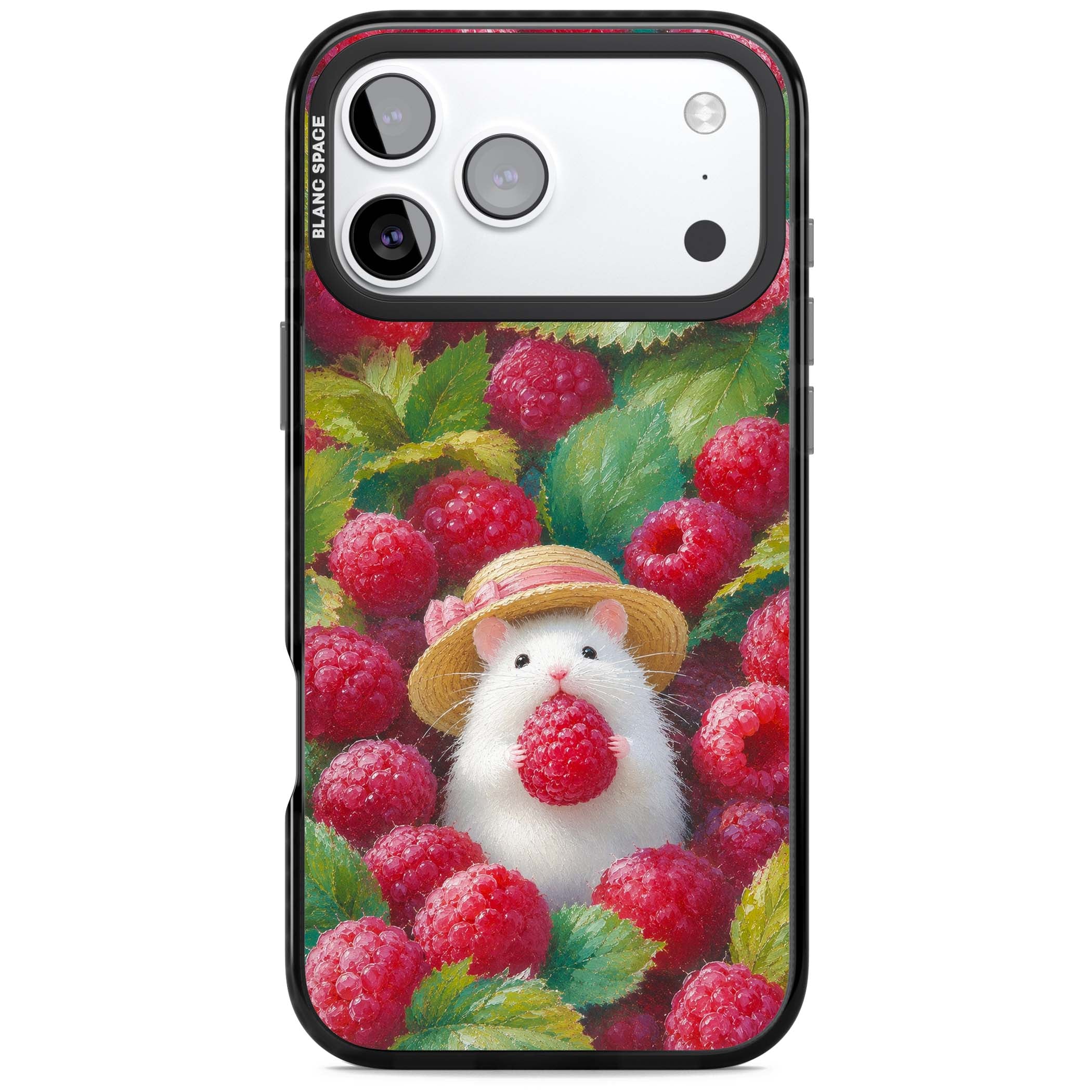 Berry Forager cottagecore iPhone case featuring a white hamster in a straw hat holding a raspberry surrounded by ripe ber | Black Impact Magsafe case for iPhone 17 Pro, iPhone 17 Pro Max