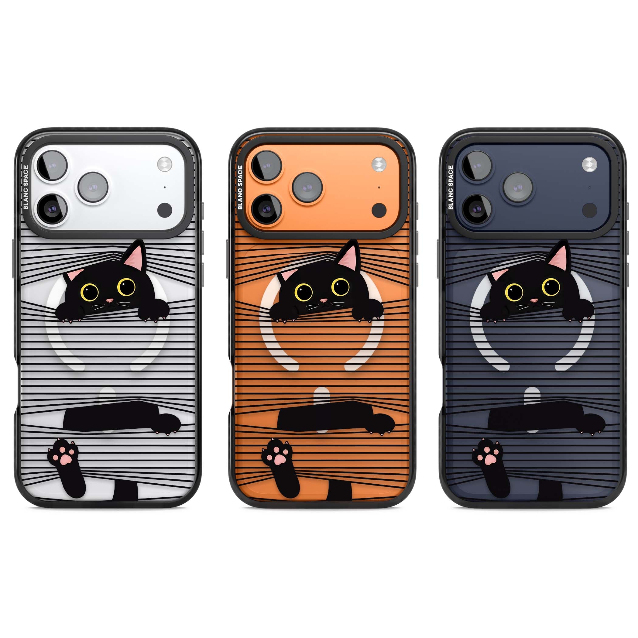 Peek-a-Boo Cat minimal iPhone case featuring black cat peeking through horizontal black and white stripes | Black Impact Magsafe case for iPhone 17 Pro, iPhone 17 Pro Max