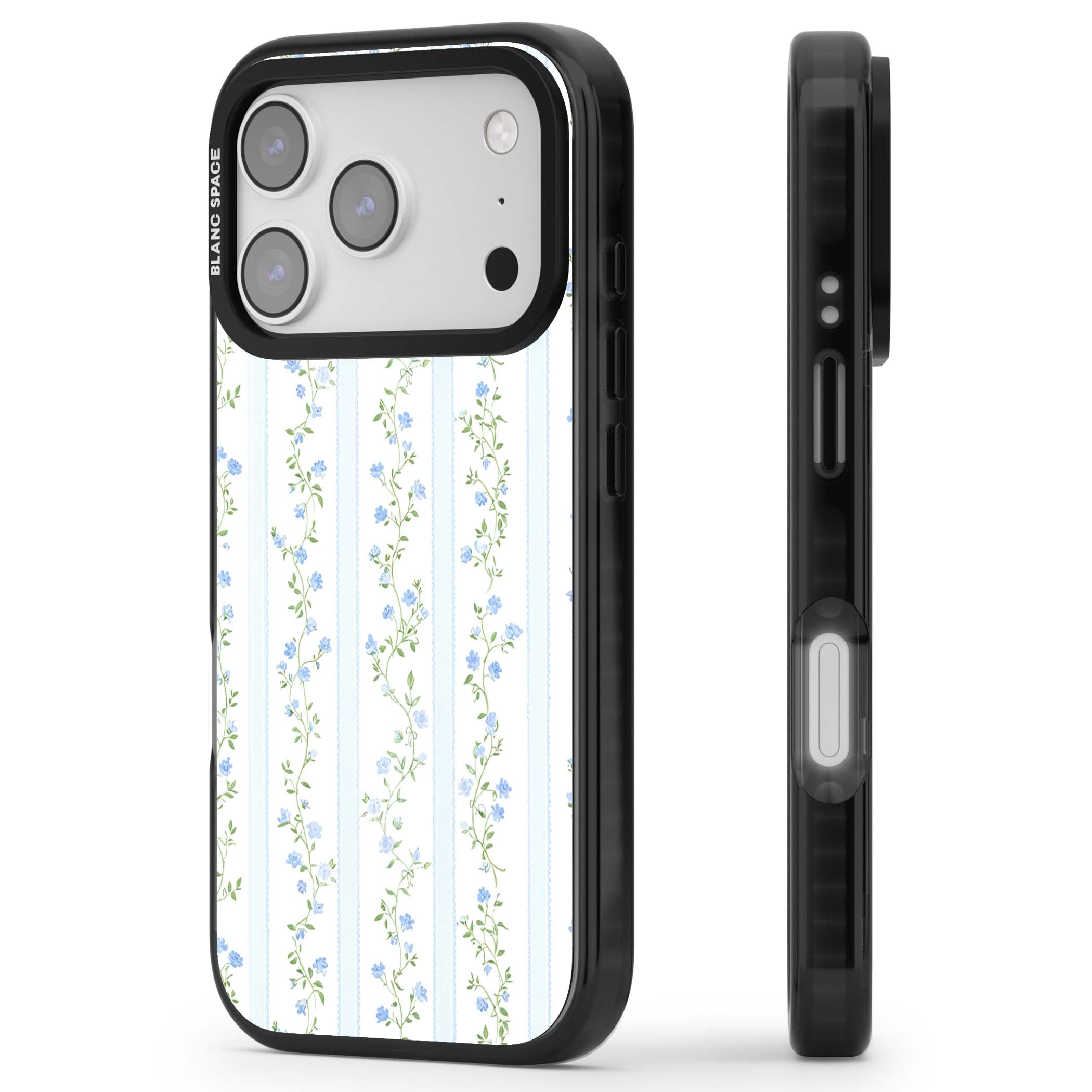 Bluebell Vine cottagecore iPhone case featuring climbing blue roses, trailing green vines, and pale ticking stripes | Black Impact Magsafe case for iPhone 17 Pro, iPhone 17 Pro Max