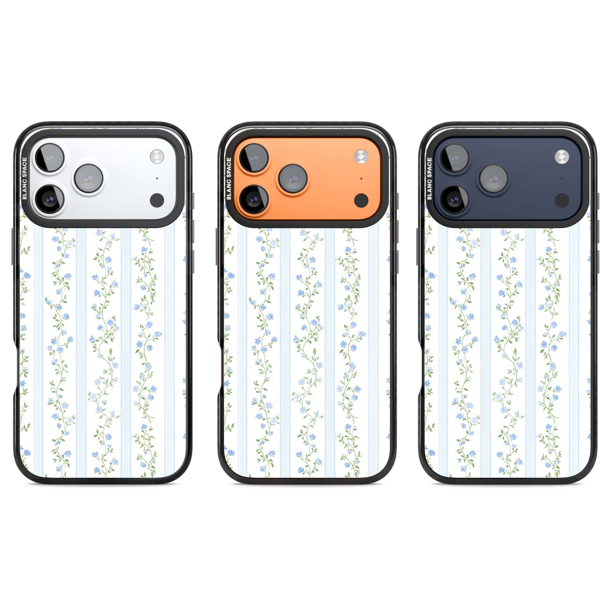 Bluebell Vine cottagecore iPhone case featuring climbing blue roses, trailing green vines, and pale ticking stripes | Black Impact Magsafe case for iPhone 17 Pro, iPhone 17 Pro Max