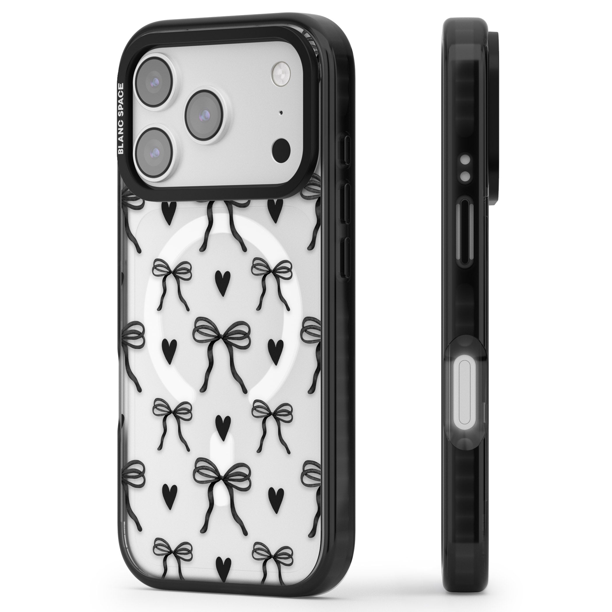 Black Bows & Hearts iPhone 17 Pro Max Impact Pro Black Phone Case Side Profile