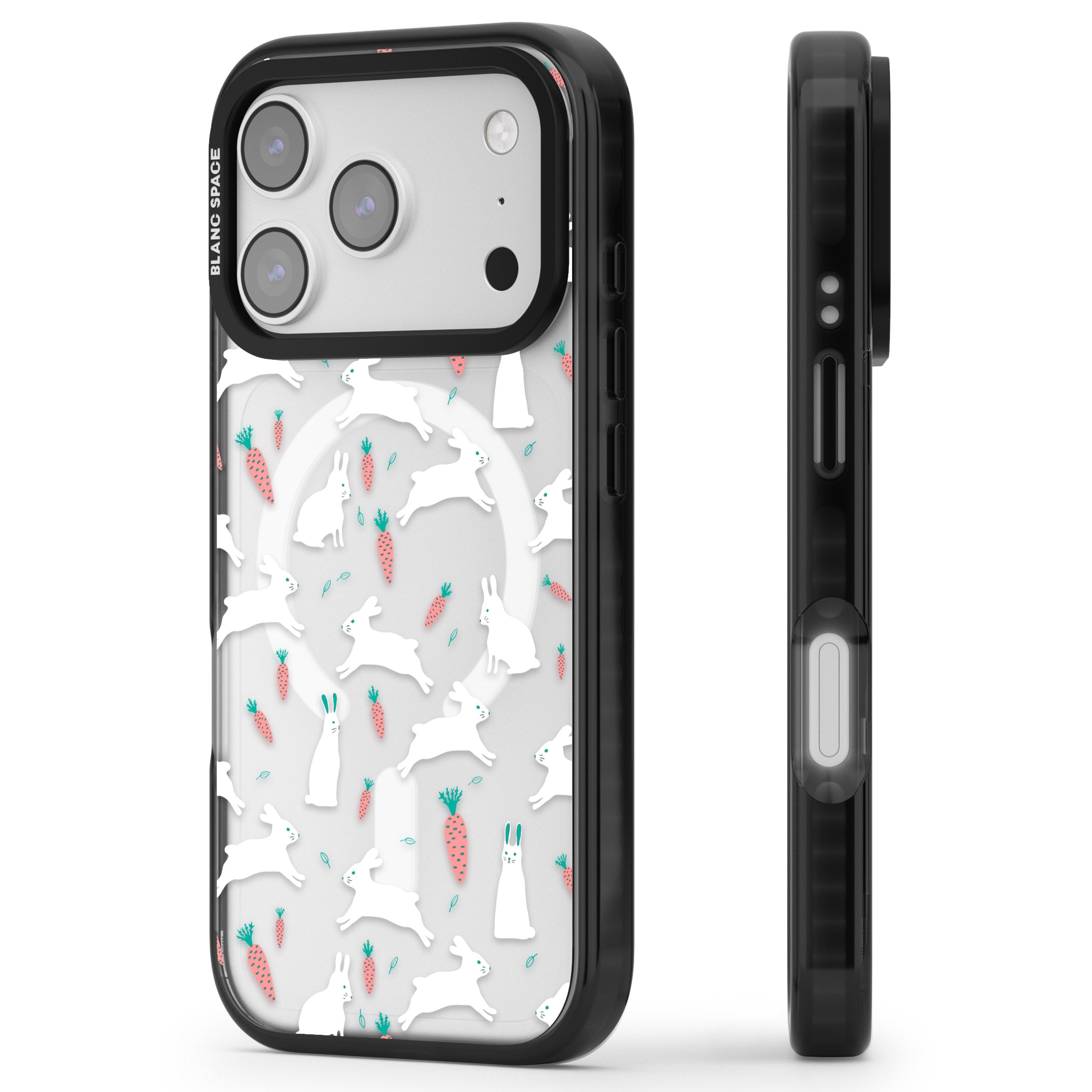 White Bunnies And Carrots iPhone 17 Pro Max Impact Pro Black Phone Case Side Profile