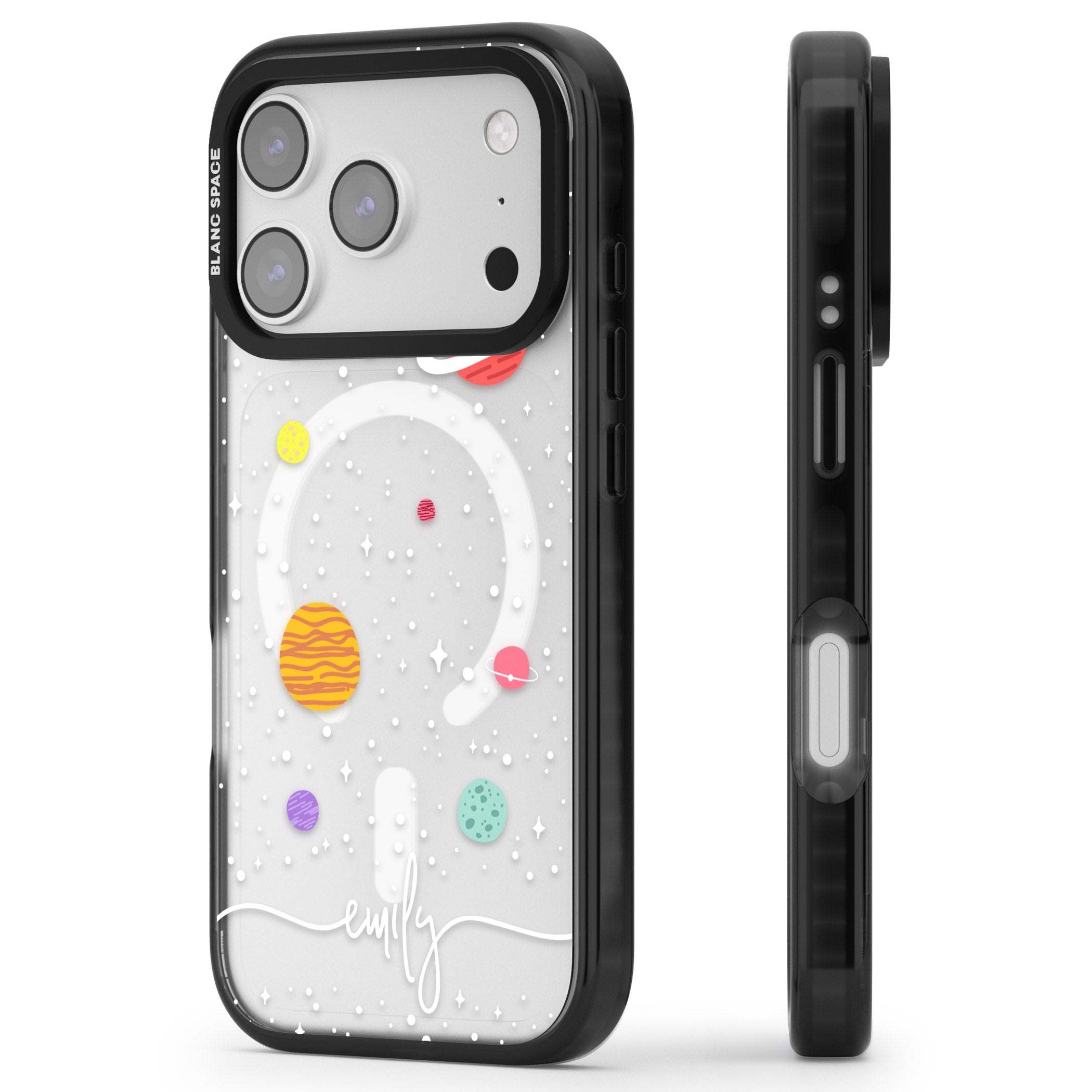 Personalised Cute Cartoon Planet (Clear) iPhone 17 Pro Impact Pro Black Phone Case Side Profile