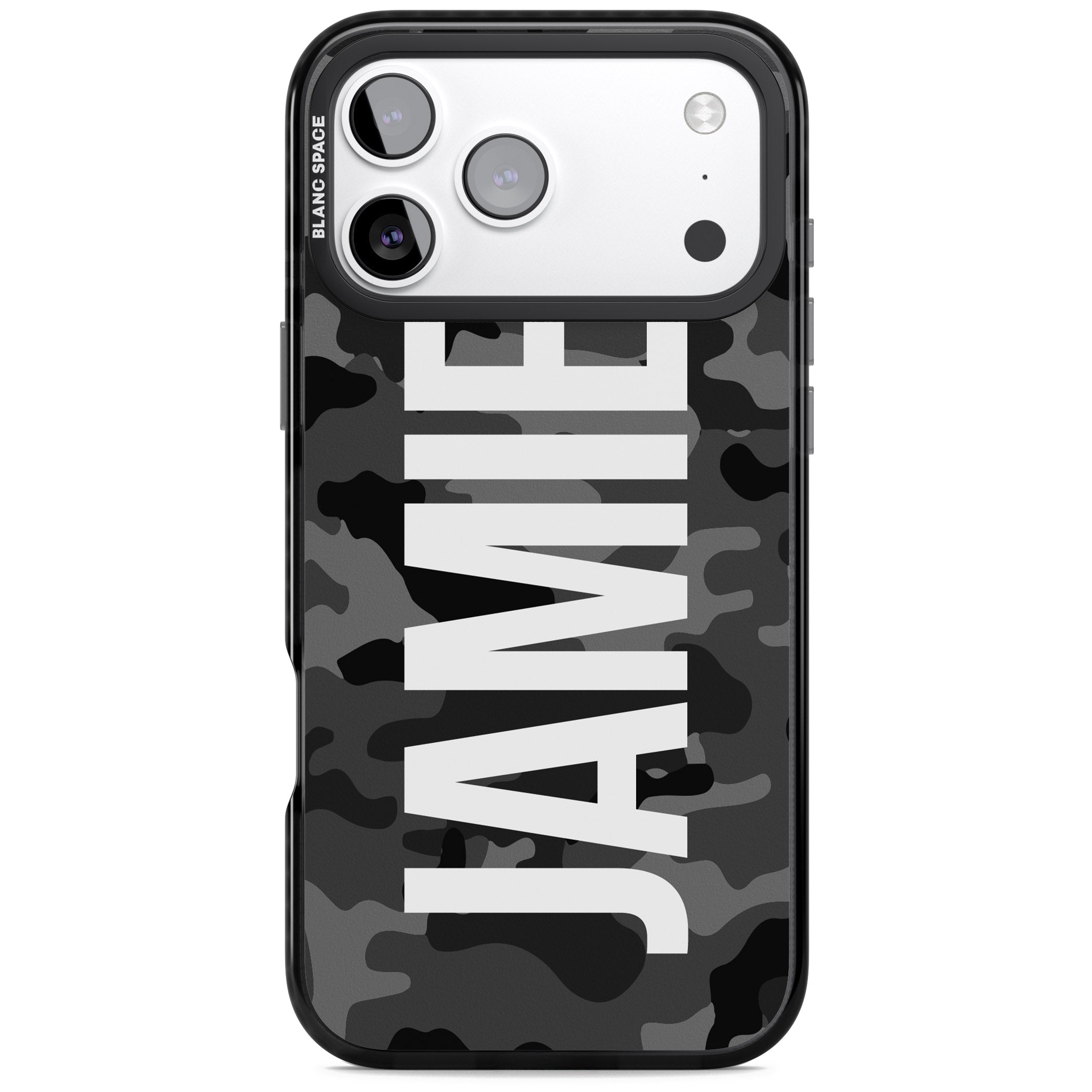 Personalised Black Camo Name Vertical iPhone 17 Pro Impact Pro Black Phone Case