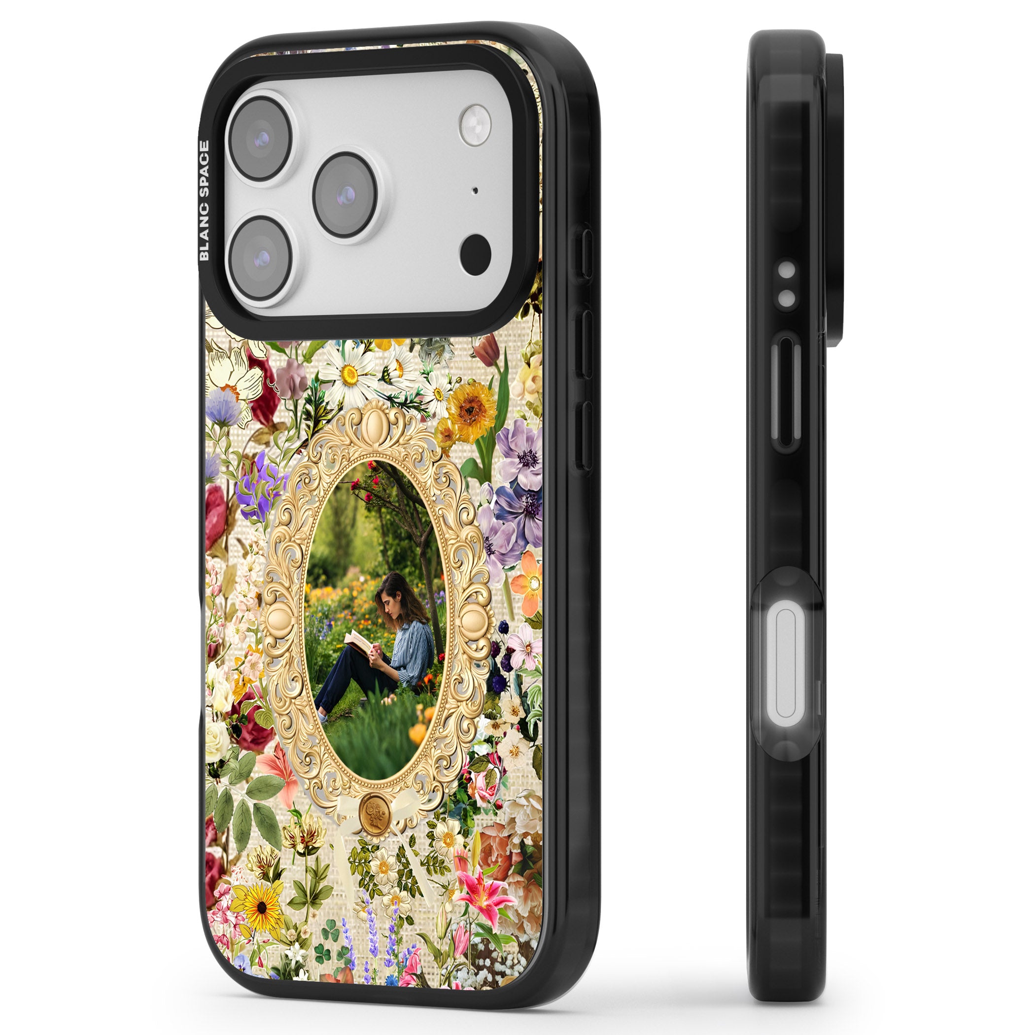Personalised Vintage Wildflower Frame iPhone 17 Pro Impact Pro Black Phone Case Side Profile