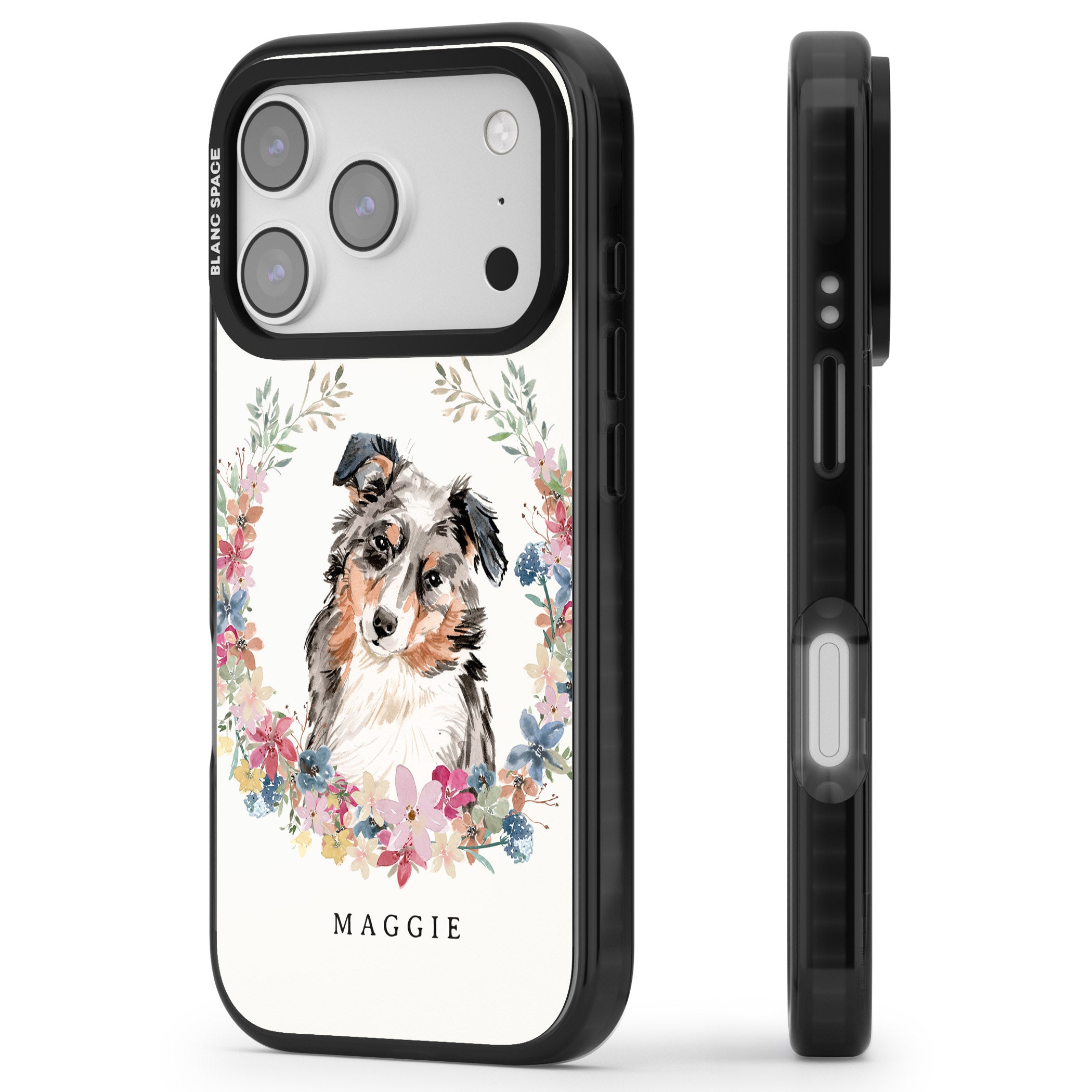 Personalised Australian Shepherd Floral Portrait iPhone 17 Pro Impact Pro Black Phone Case Side Profile