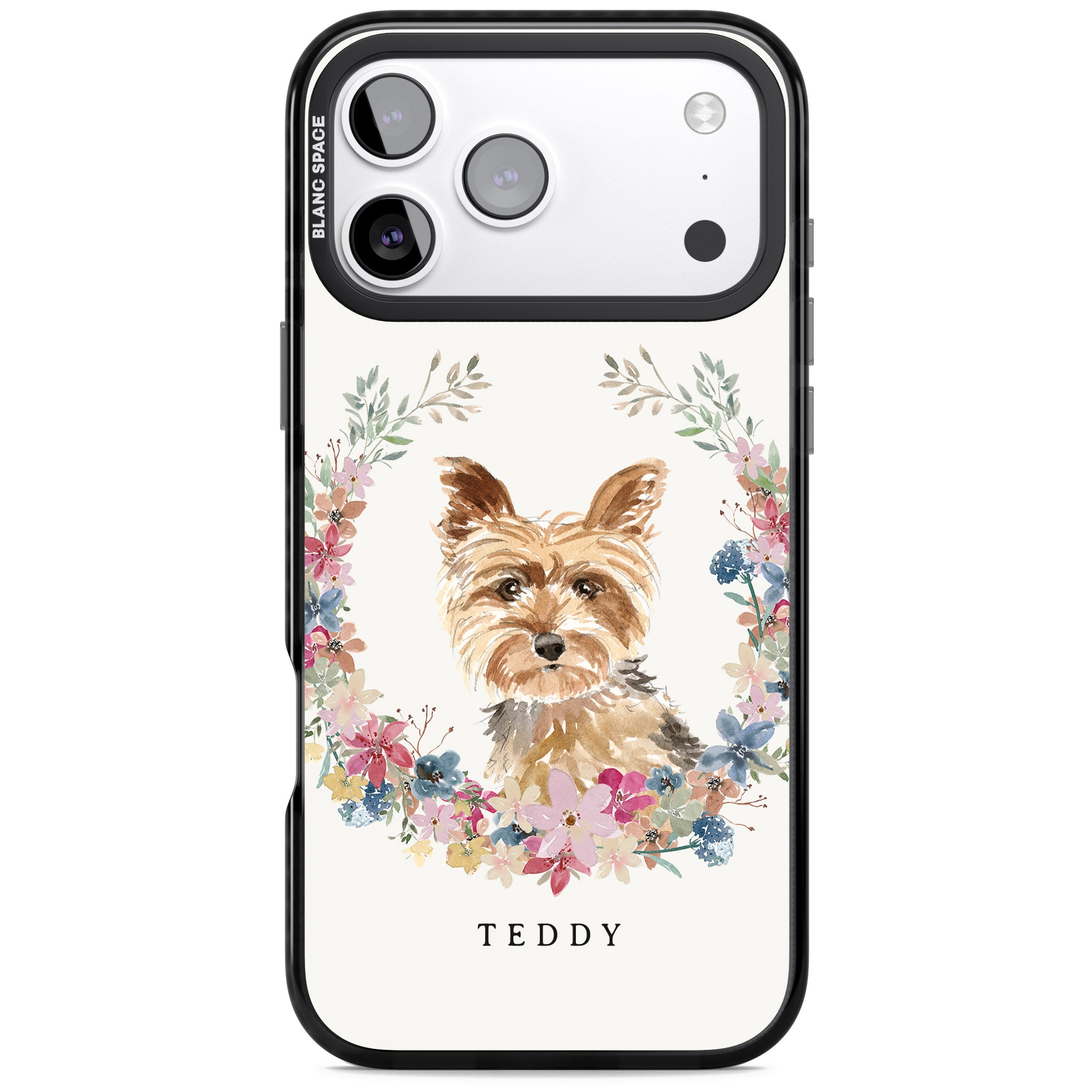 Personalised Yorkshire Terrier Floral Portrait iPhone 17 Pro Max Impact Pro Black Phone Case