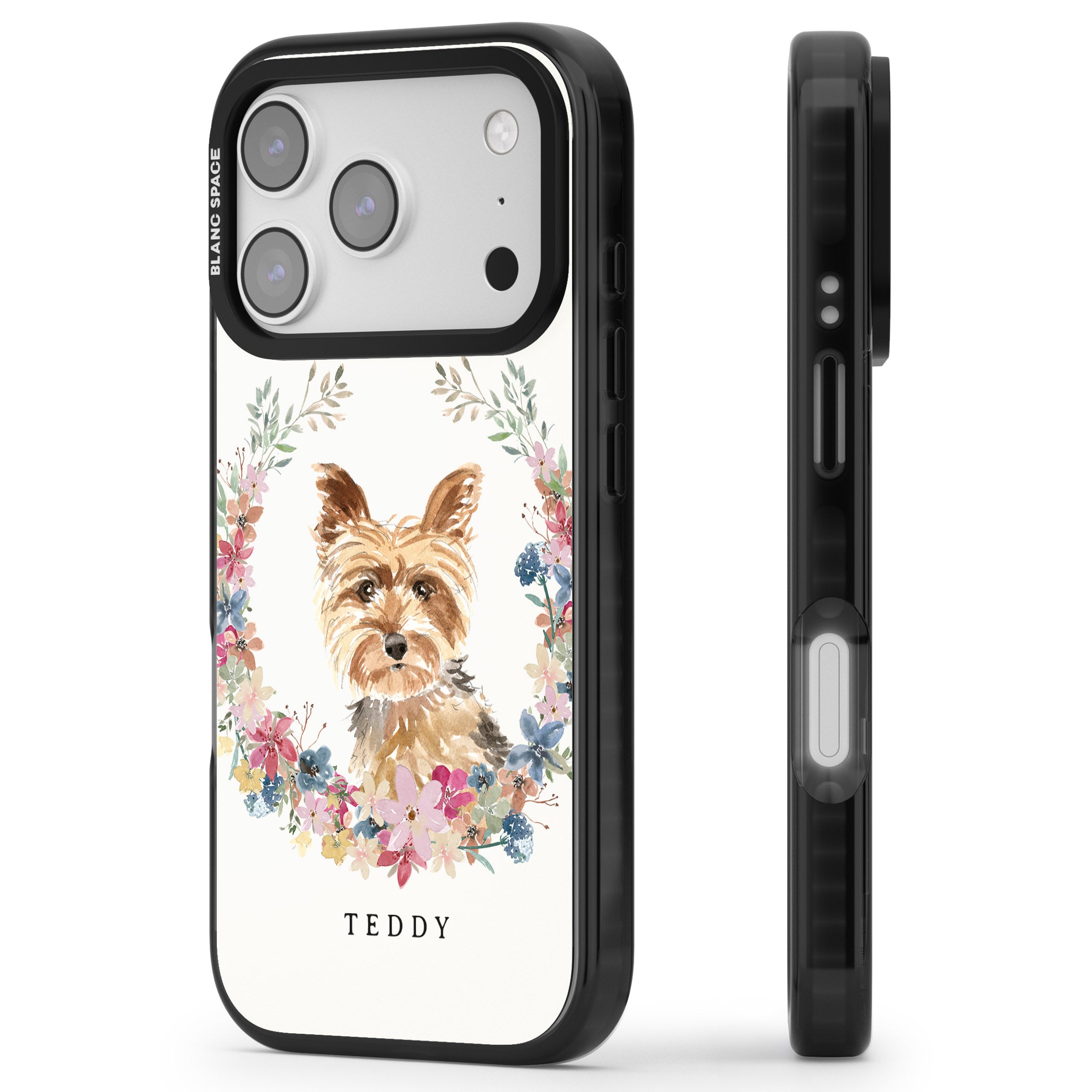 Personalised Yorkshire Terrier Floral Portrait iPhone 17 Pro Max Impact Pro Black Phone Case Side Profile