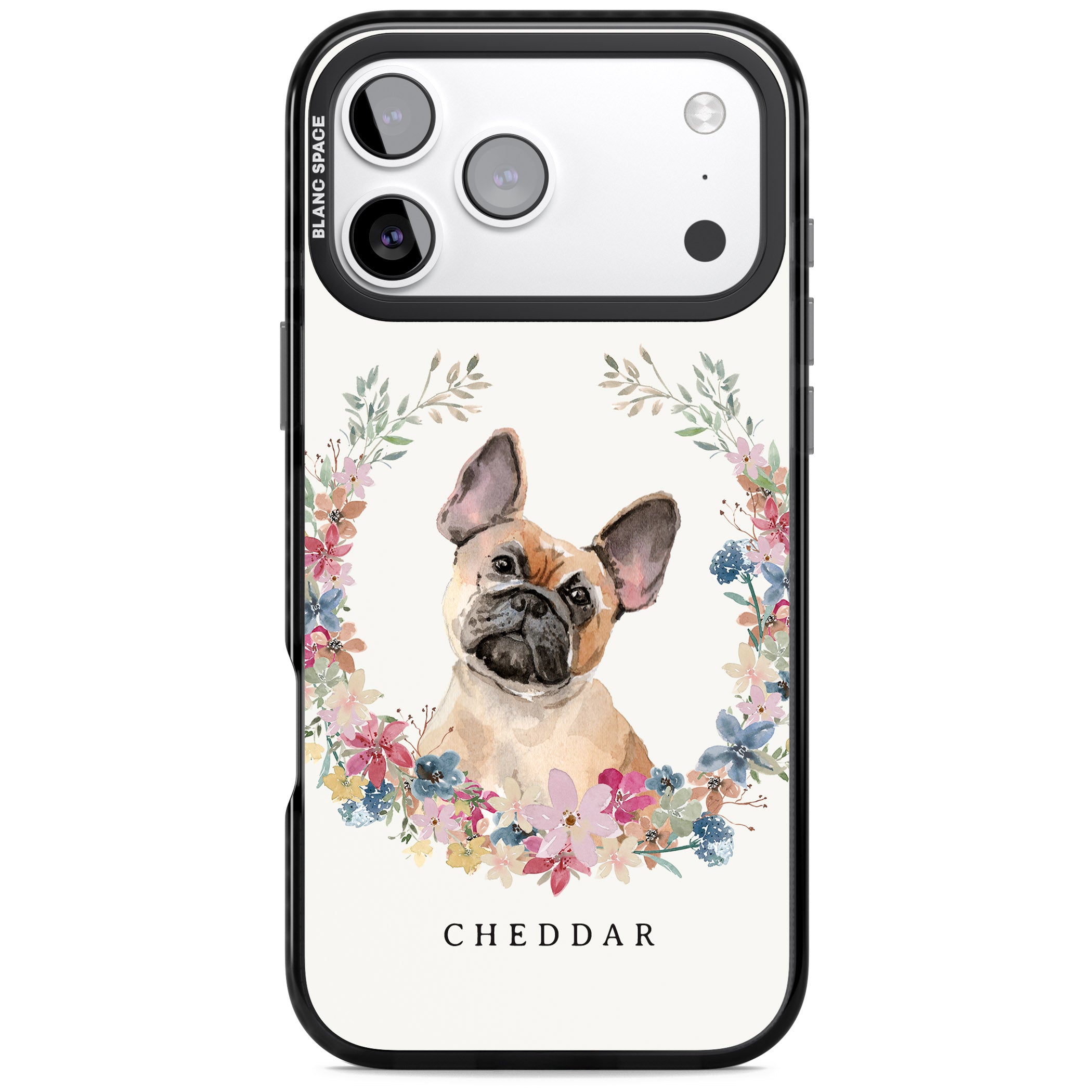 Personalised Tan French Bulldog Floral Portrait iPhone 17 Pro Impact Pro Black Phone Case