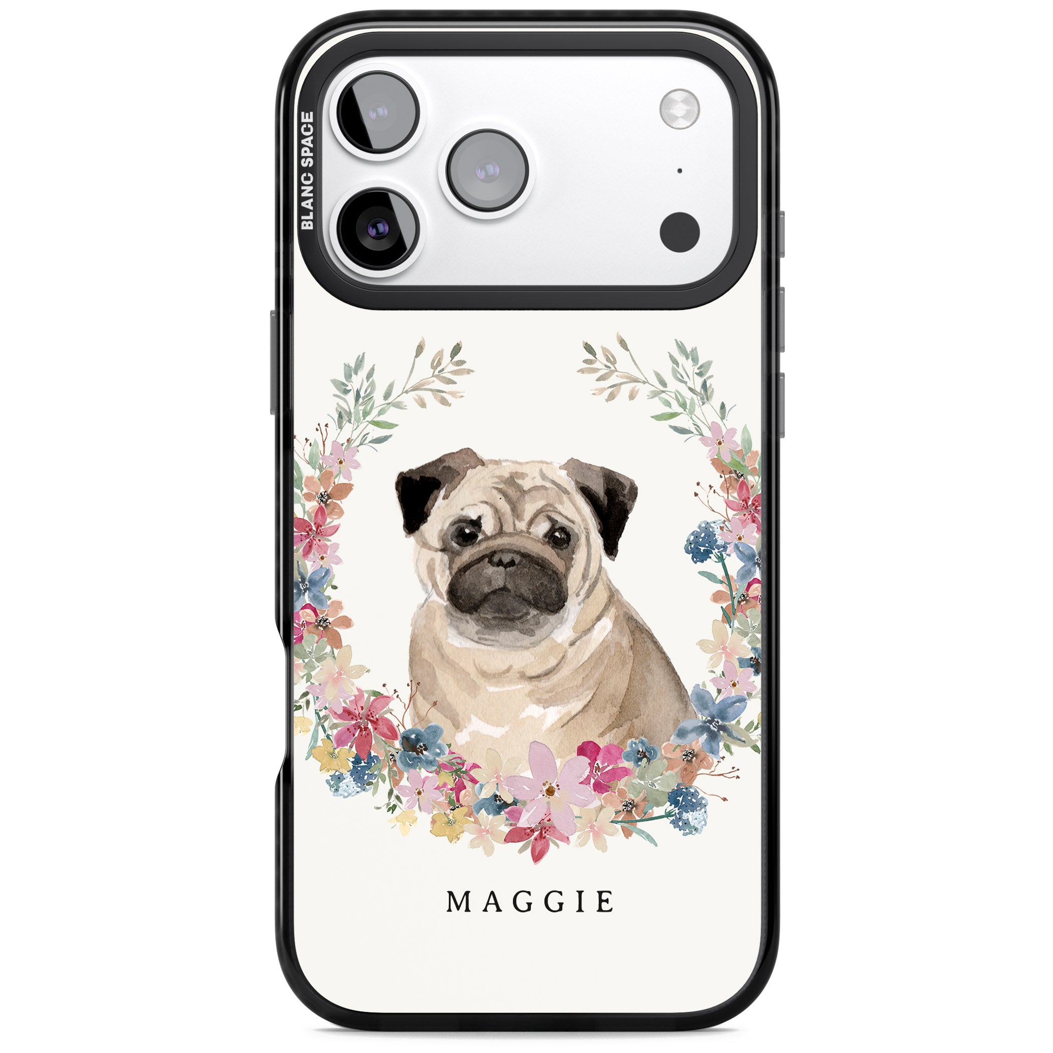 Personalised Pug Floral Portrait iPhone 17 Pro Impact Pro Black Phone Case
