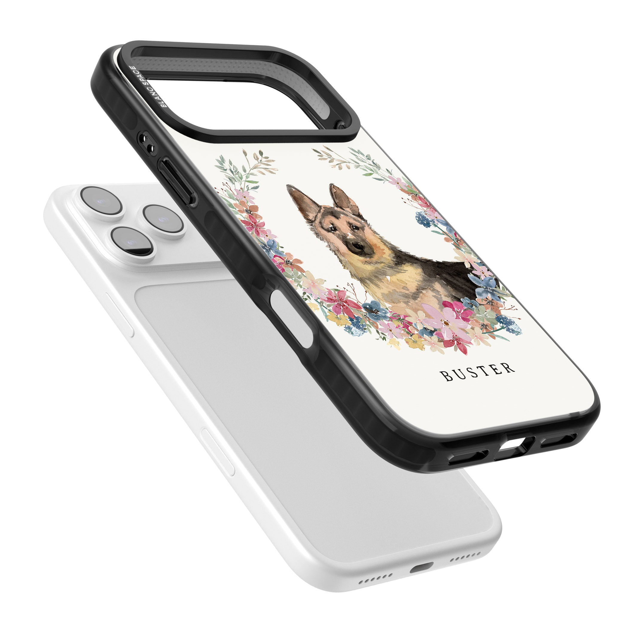 Personalised German Shepherd Floral Portrait iPhone 17 Pro Impact Pro Black Phone Case Colours