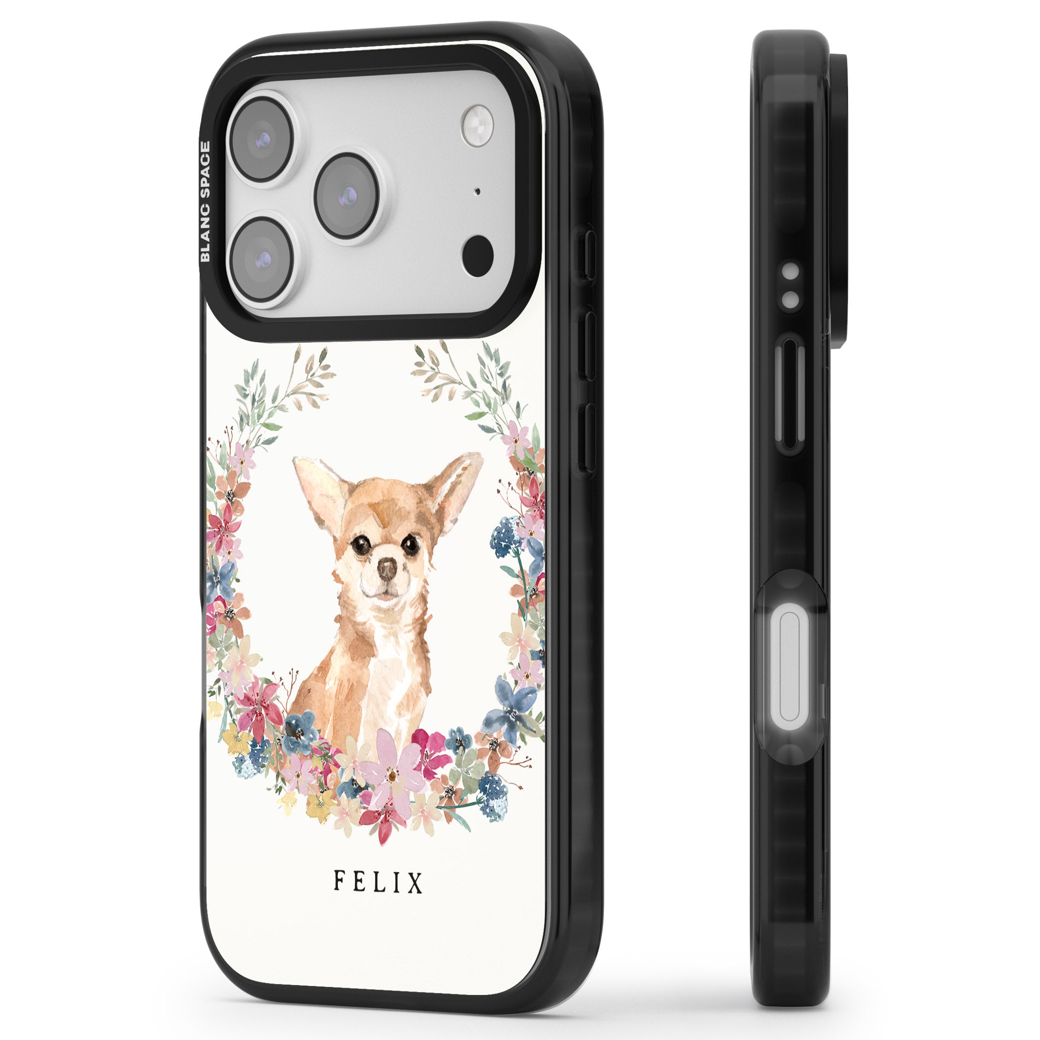 Personalised Chihuahua Floral Portrait iPhone 17 Pro Impact Pro Black Phone Case Side Profile