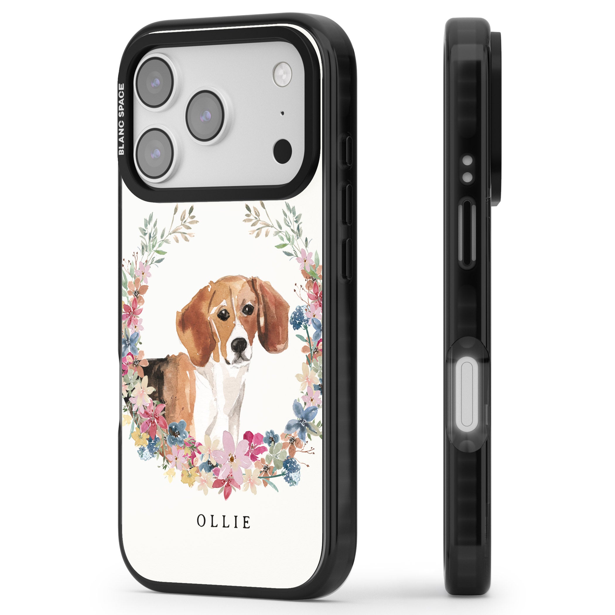 Personalised Beagle Floral Portrait iPhone 17 Pro Max Impact Pro Black Phone Case Side Profile