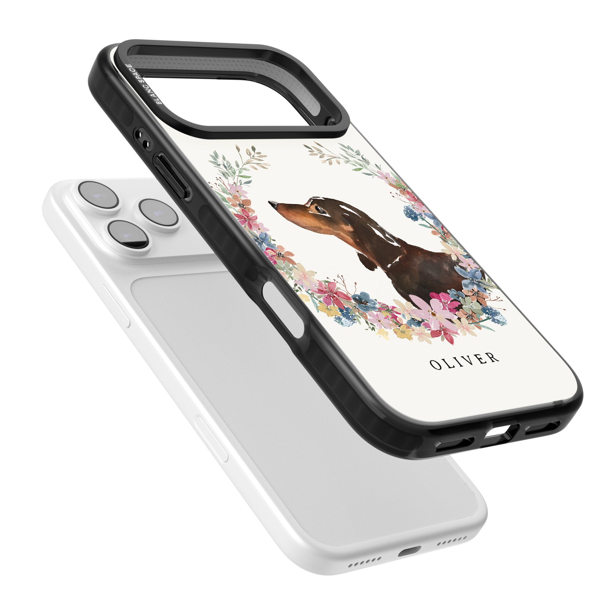 Personalised Black & Tan Dachshund Floral Portrait iPhone 17 Pro Impact Pro Black Phone Case Colours