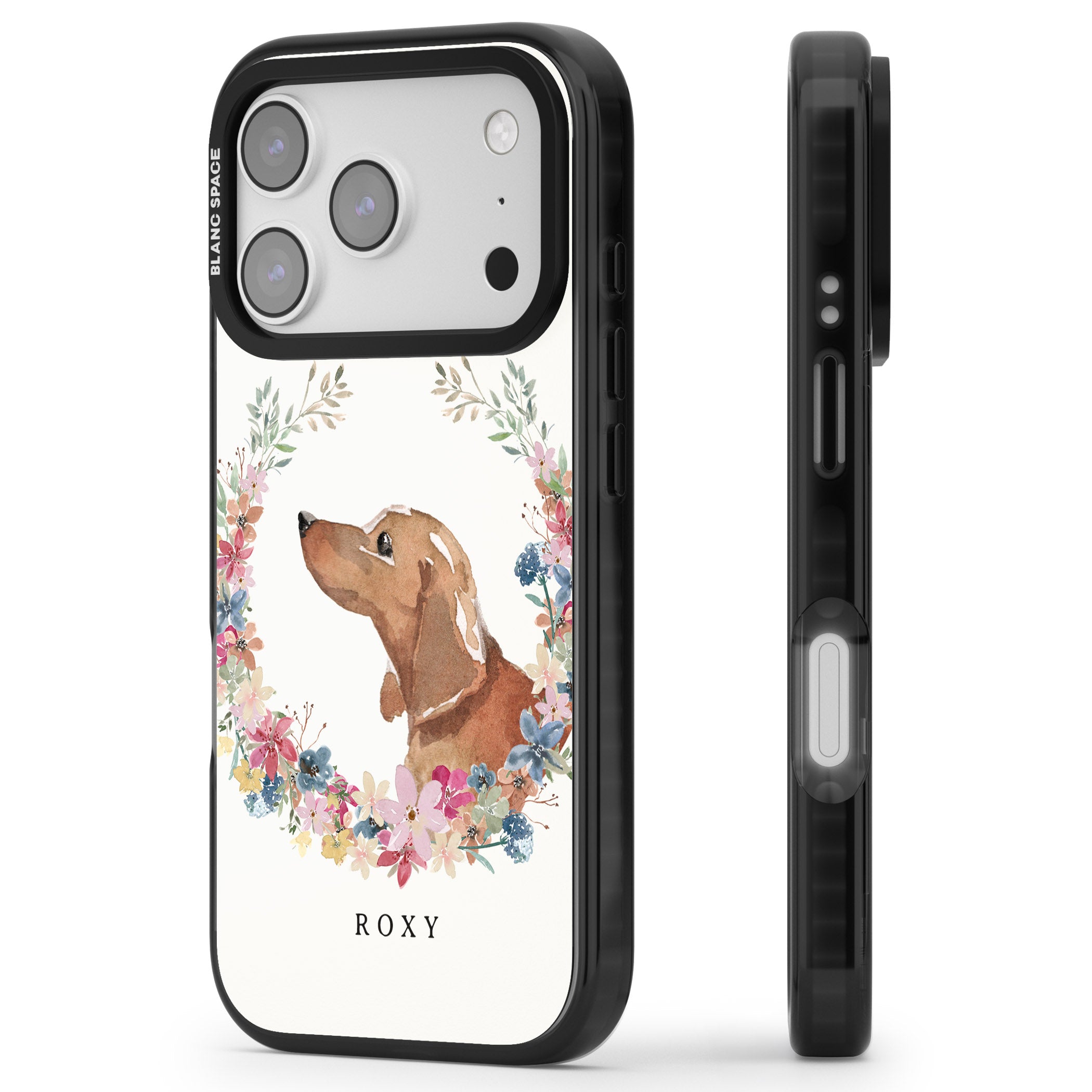 Personalised Tan Dachshund Floral Portrait iPhone 17 Pro Impact Pro Black Phone Case Side Profile