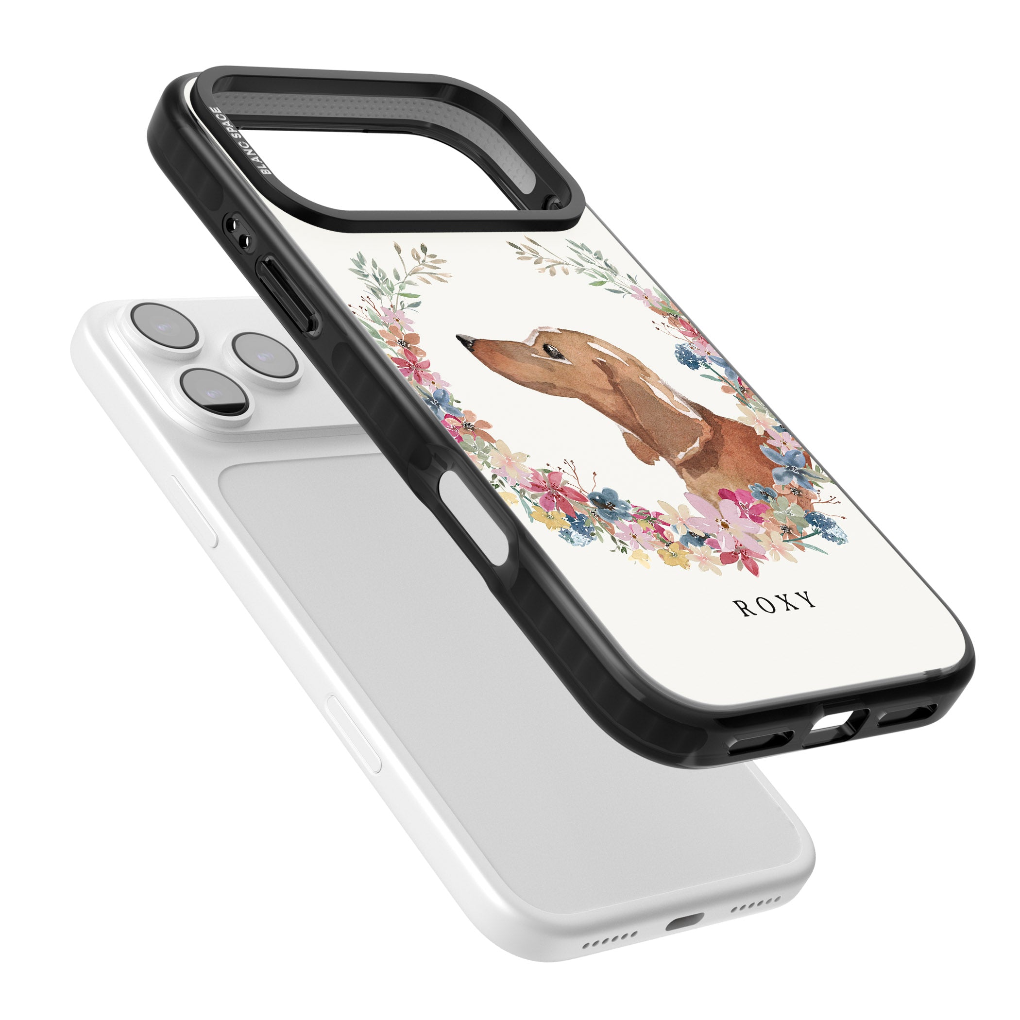 Personalised Tan Dachshund Floral Portrait iPhone 17 Pro Impact Pro Black Phone Case Colours
