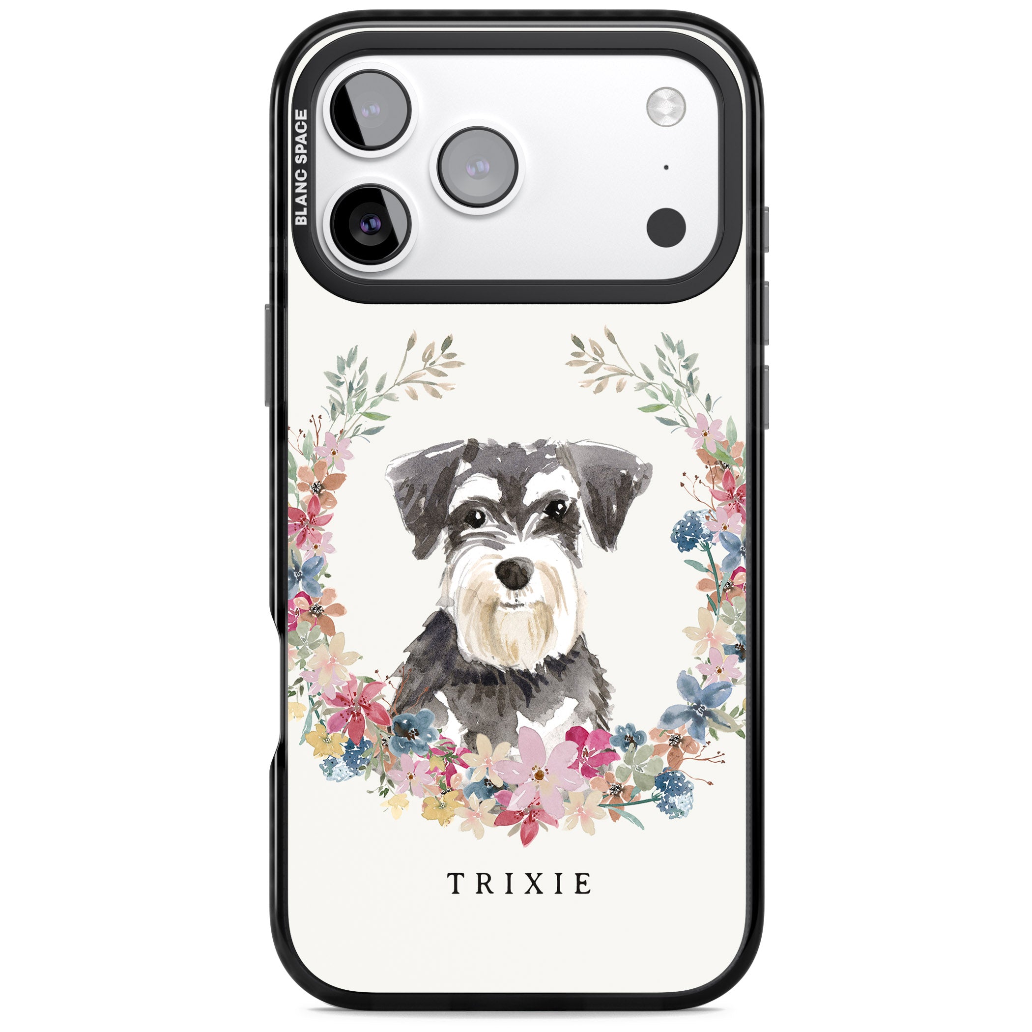 Personalised Watercolor Schnauzer Floral Portrait iPhone 17 Pro Impact Pro Black Phone Case