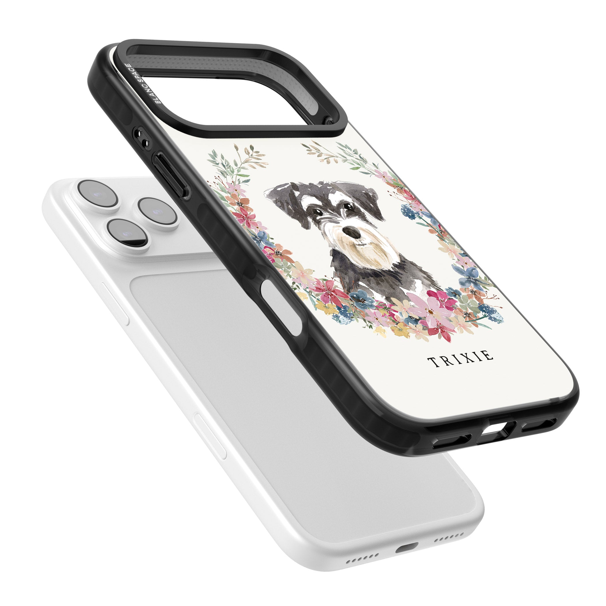 Personalised Watercolor Schnauzer Floral Portrait iPhone 17 Pro Impact Pro Black Phone Case Colours
