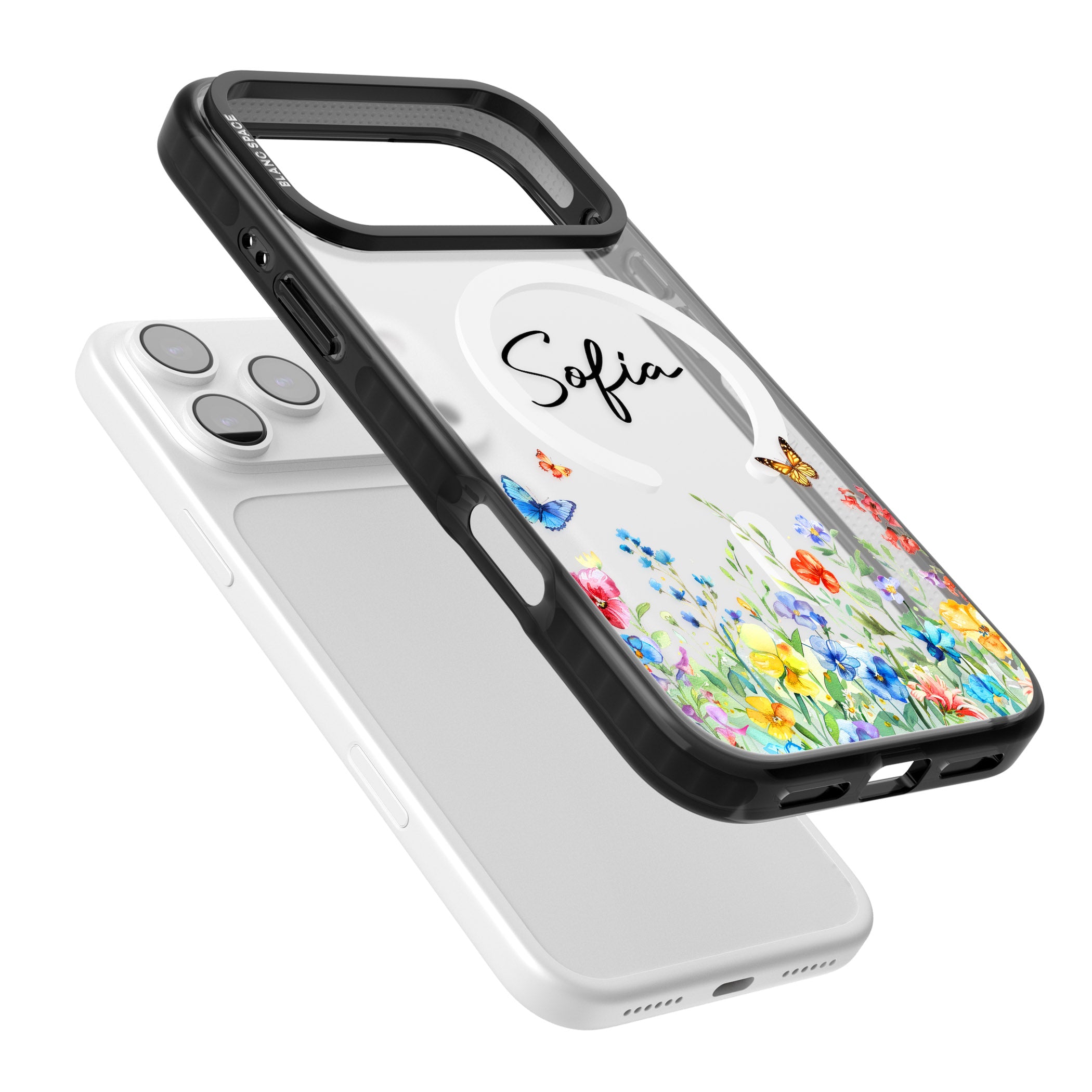 Personalised Buterflies Wildflowers iPhone 17 Pro Impact Pro Black Phone Case Colours