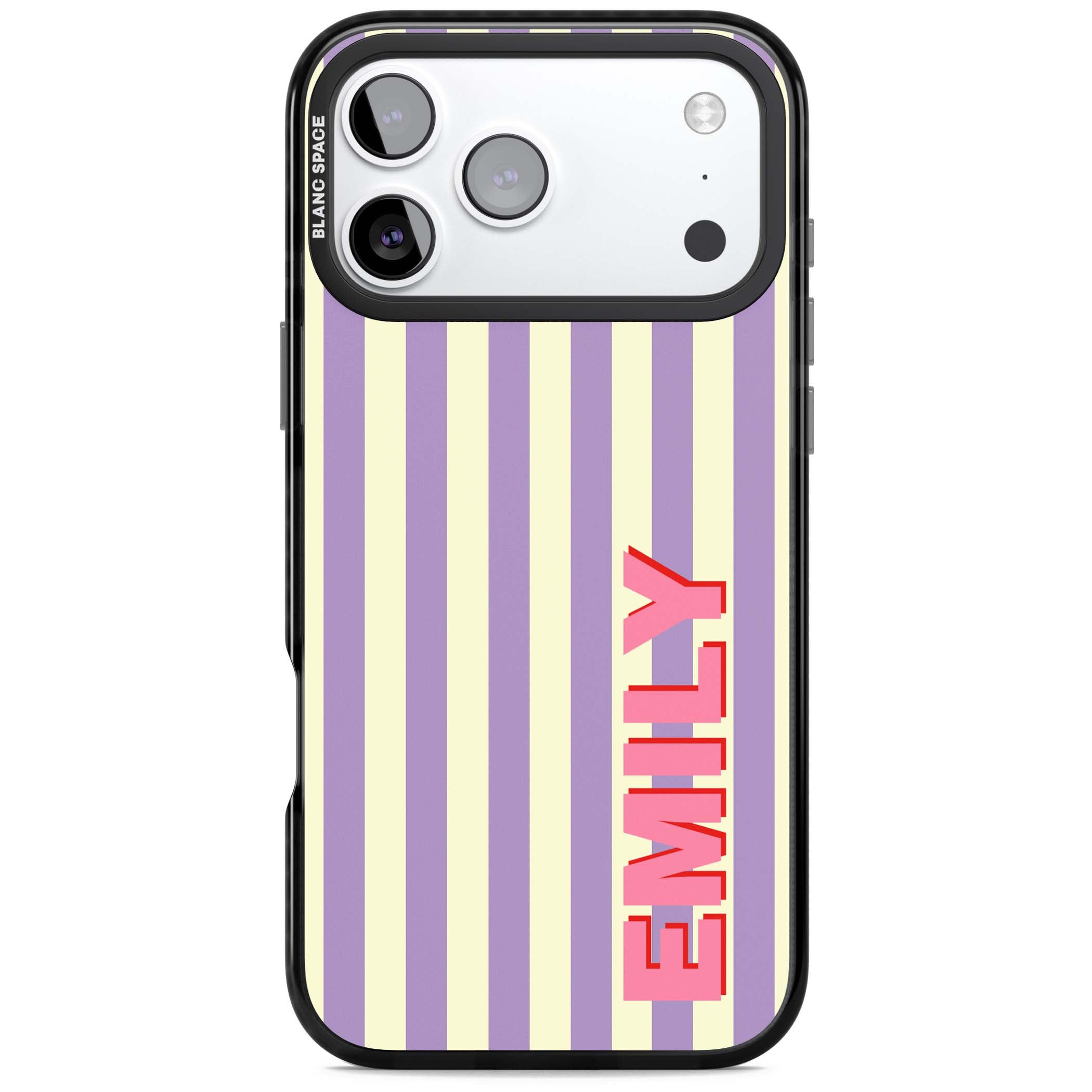 Valensole Stripe personalised iPhone case with purple and cream vertical stripes and pink custom name | Black Impact Magsafe case for iPhone 17 Pro, iPhone 17 Pro Max