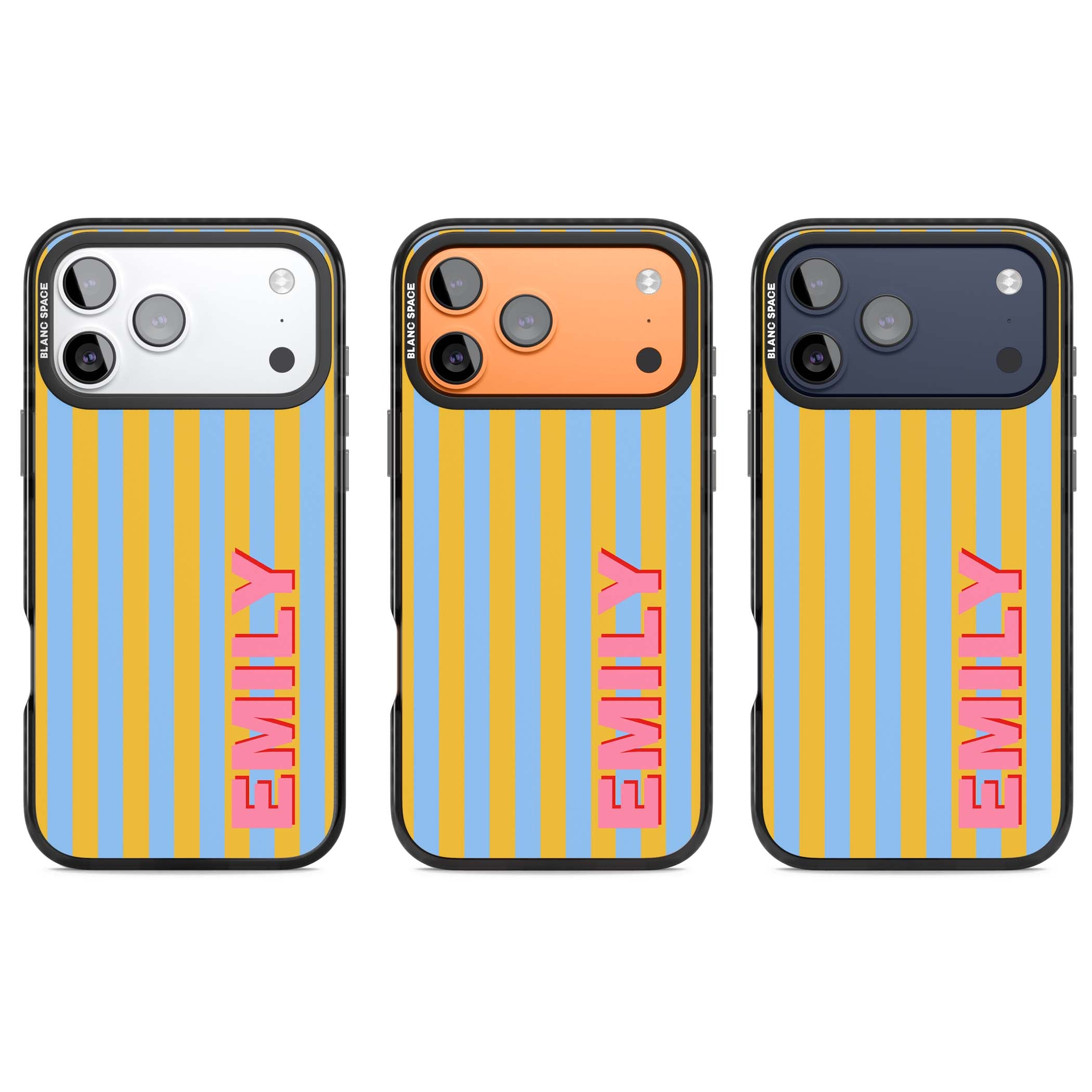 Carribean Stripe personalised coastal iPhone case with yellow and blue vertical stripes and a custom pink name | Black Impact Magsafe case for iPhone 17 Pro, iPhone 17 Pro Max