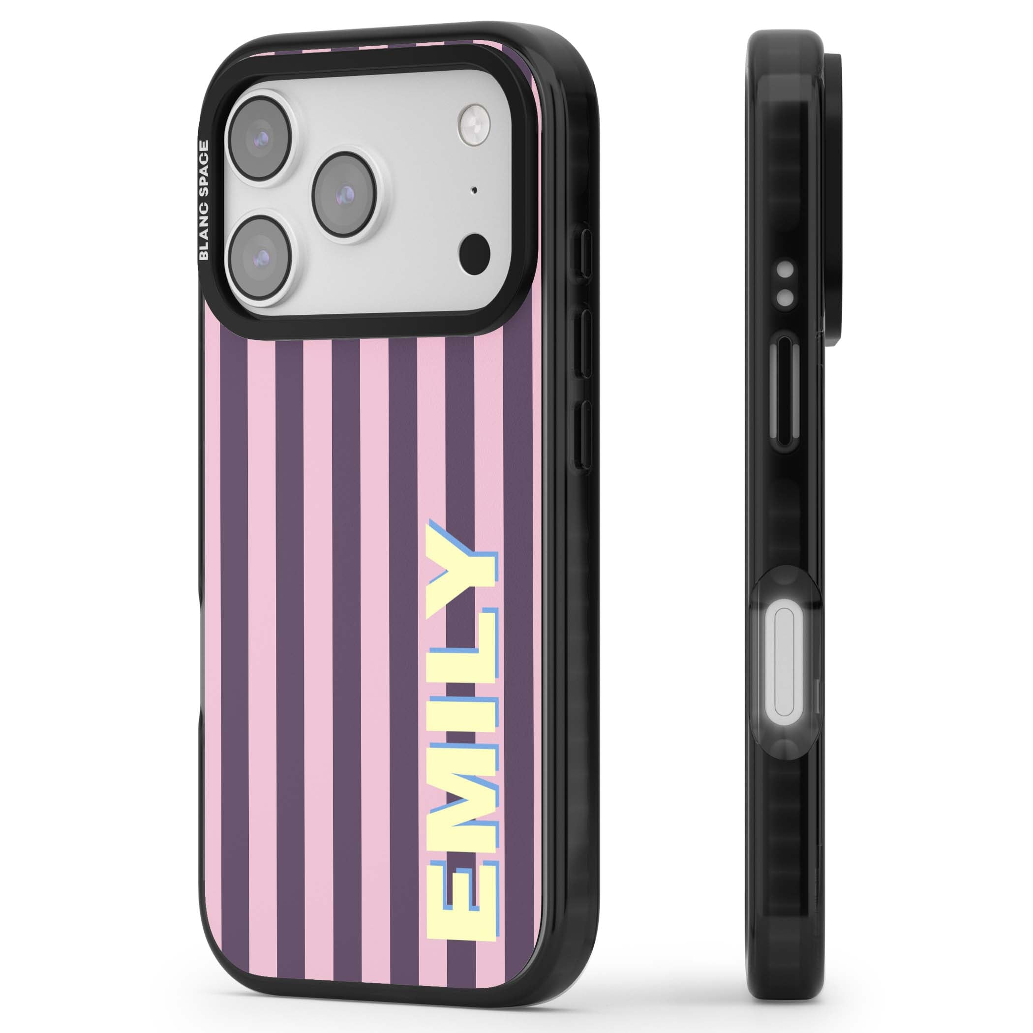 Tyre Stripe personalised stripe iPhone case with plum and pink vertical stripes and custom yellow name | Black Impact Magsafe case for iPhone 17 Pro, iPhone 17 Pro Max