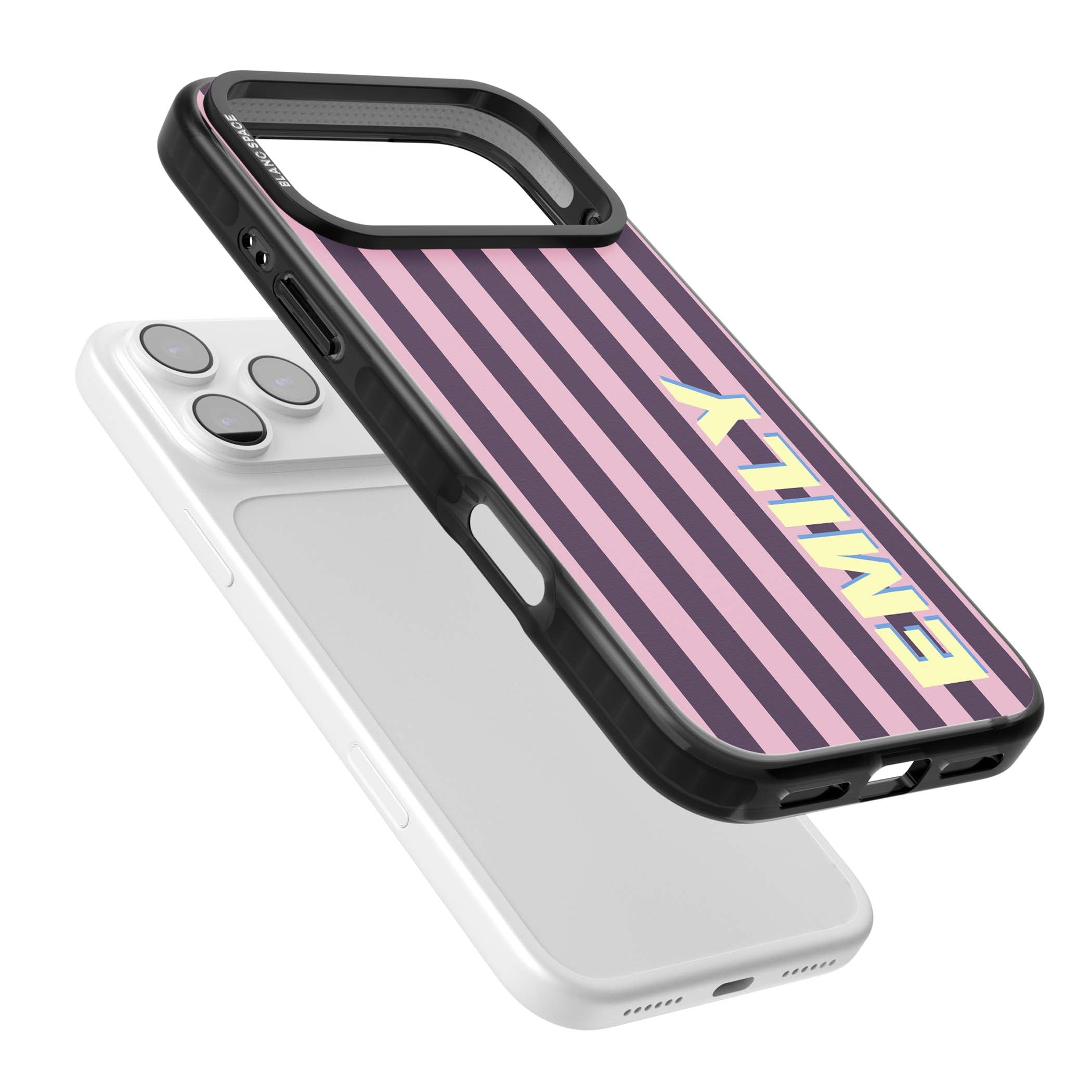 Tyre Stripe personalised stripe iPhone case with plum and pink vertical stripes and custom yellow name | Black Impact Magsafe case for iPhone 17 Pro, iPhone 17 Pro Max