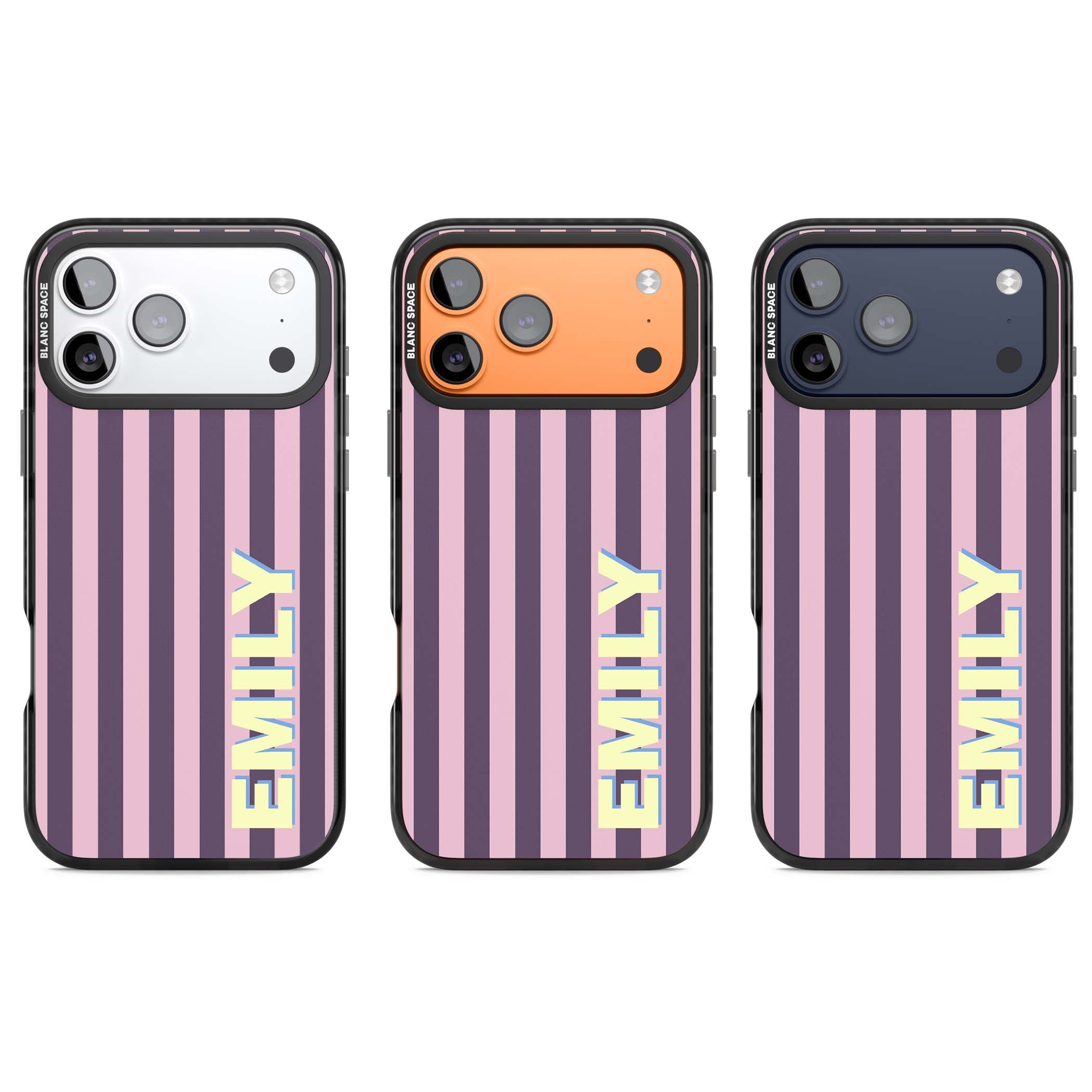 Tyre Stripe personalised stripe iPhone case with plum and pink vertical stripes and custom yellow name | Black Impact Magsafe case for iPhone 17 Pro, iPhone 17 Pro Max