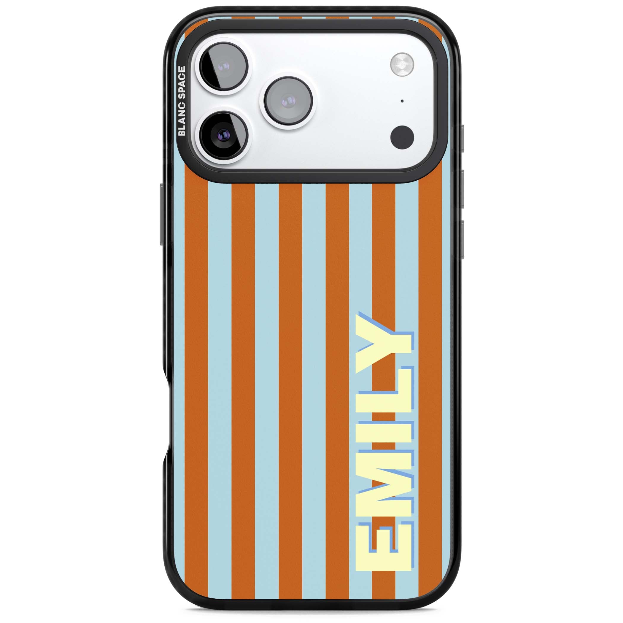Cappadocia Stripe personalised coastal iPhone case featuring blue and orange vertical stripes with custom cream name | Black Impact Magsafe case for iPhone 17 Pro, iPhone 17 Pro Max
