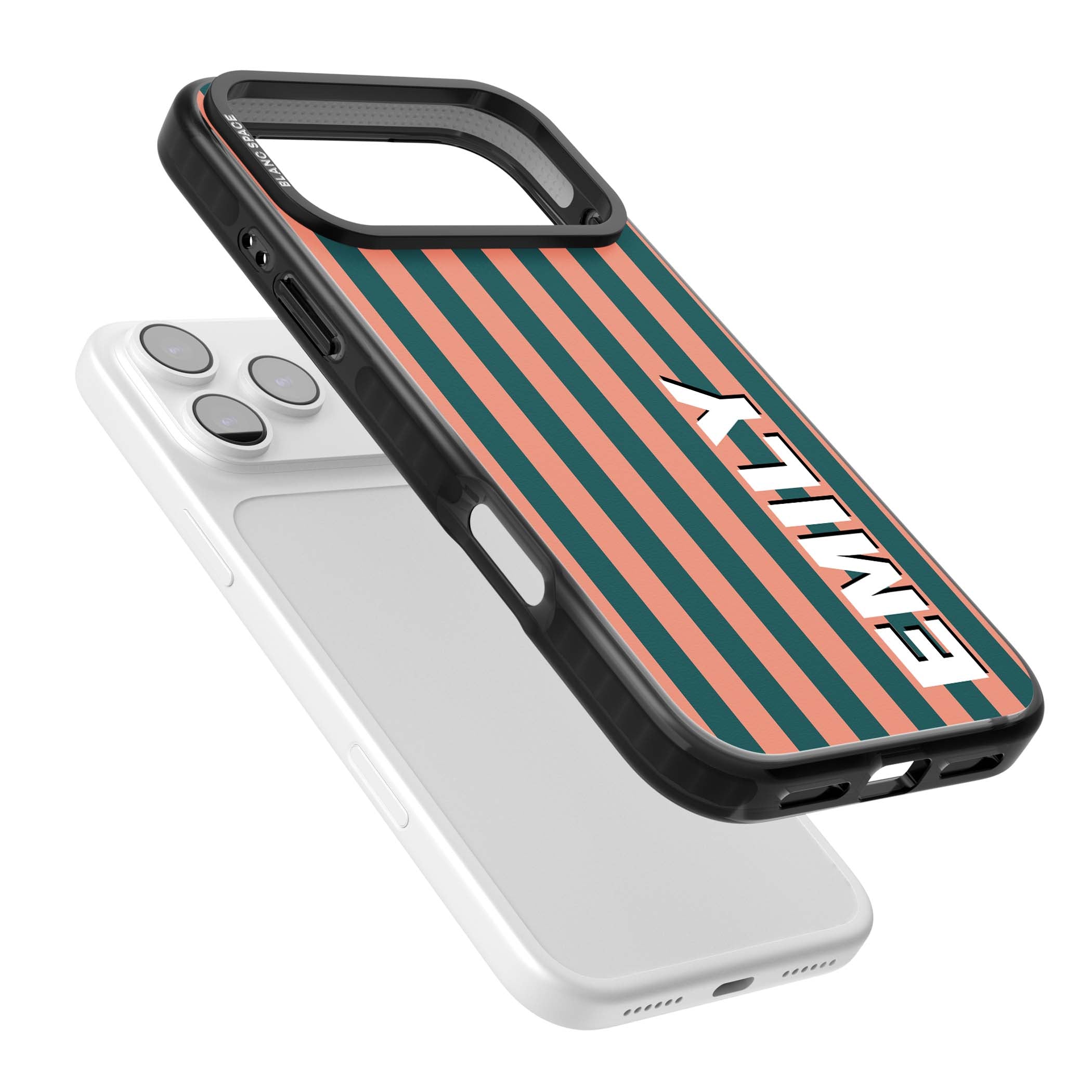Tuscan Stripe personalised iPhone case featuring coral and green vertical stripes with bold custom name | Black Impact Magsafe case for iPhone 17 Pro, iPhone 17 Pro Max